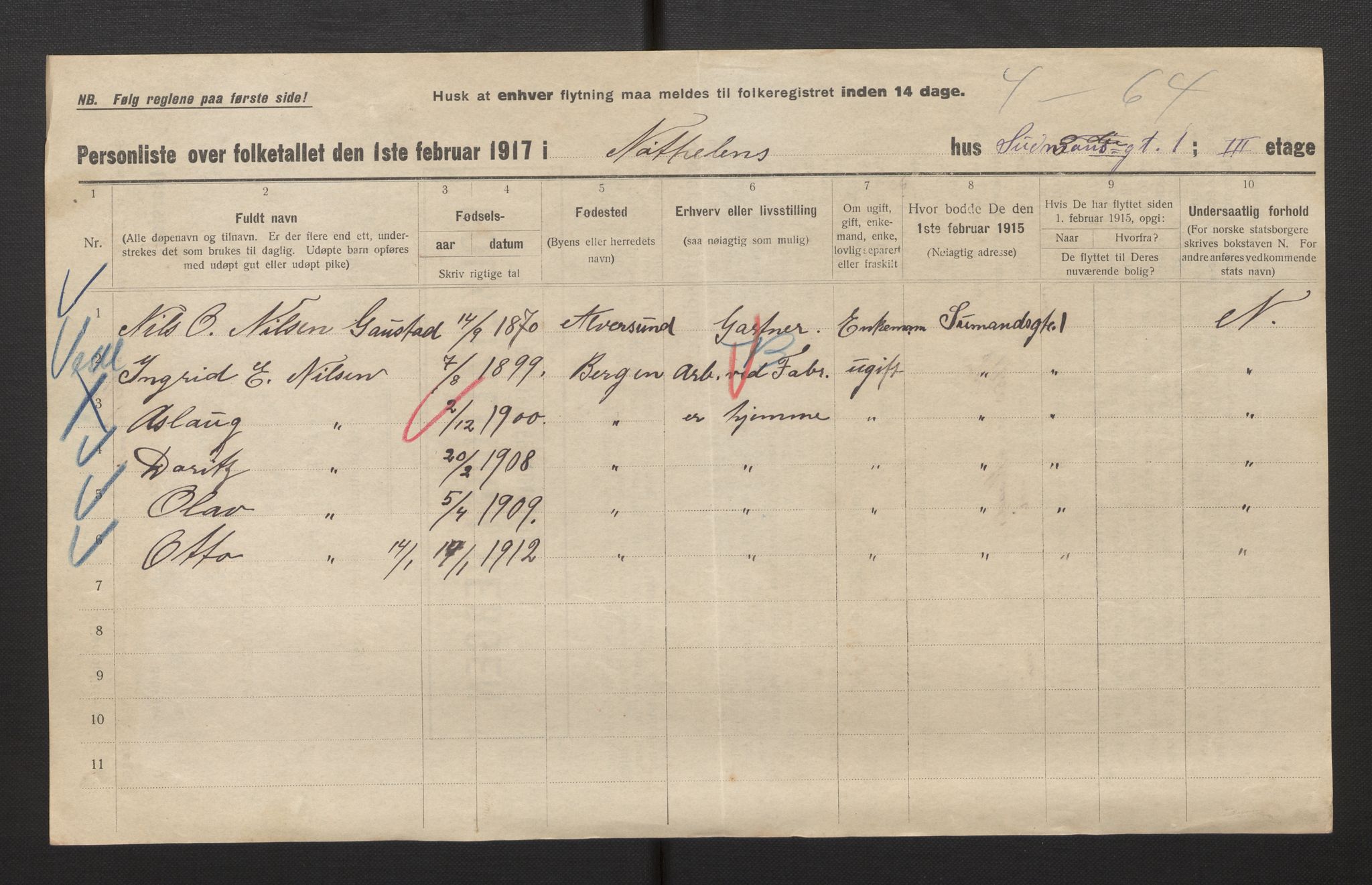 SAB, Municipal Census 1917 for Bergen, 1917, p. 47512