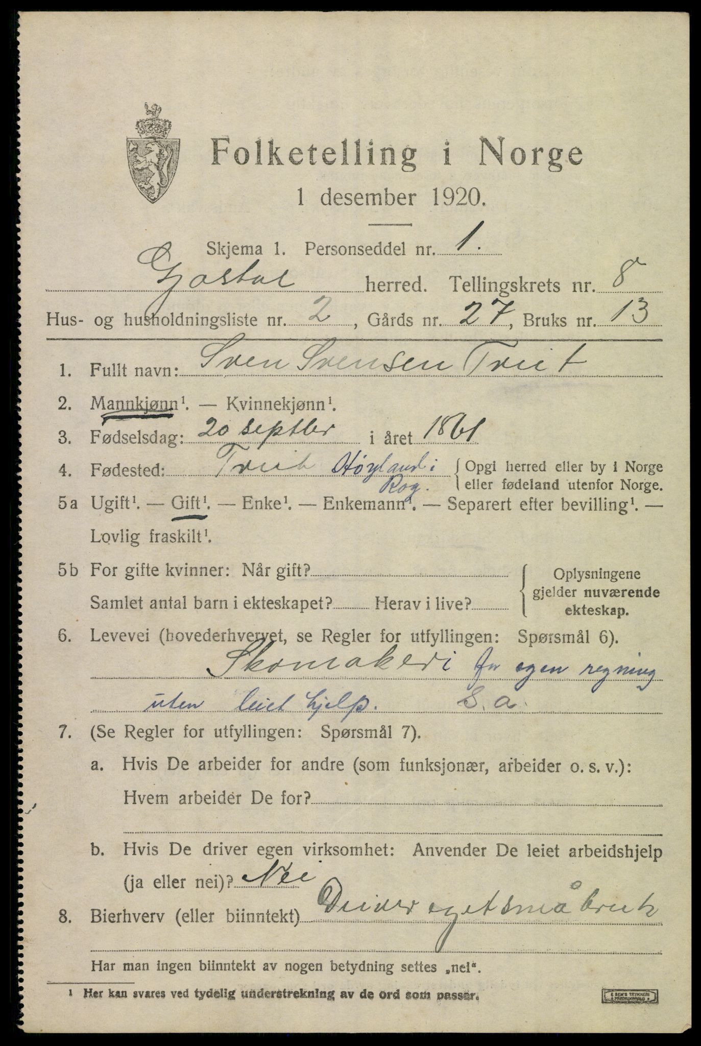 SAST, 1920 census for Gjesdal, 1920, p. 3766