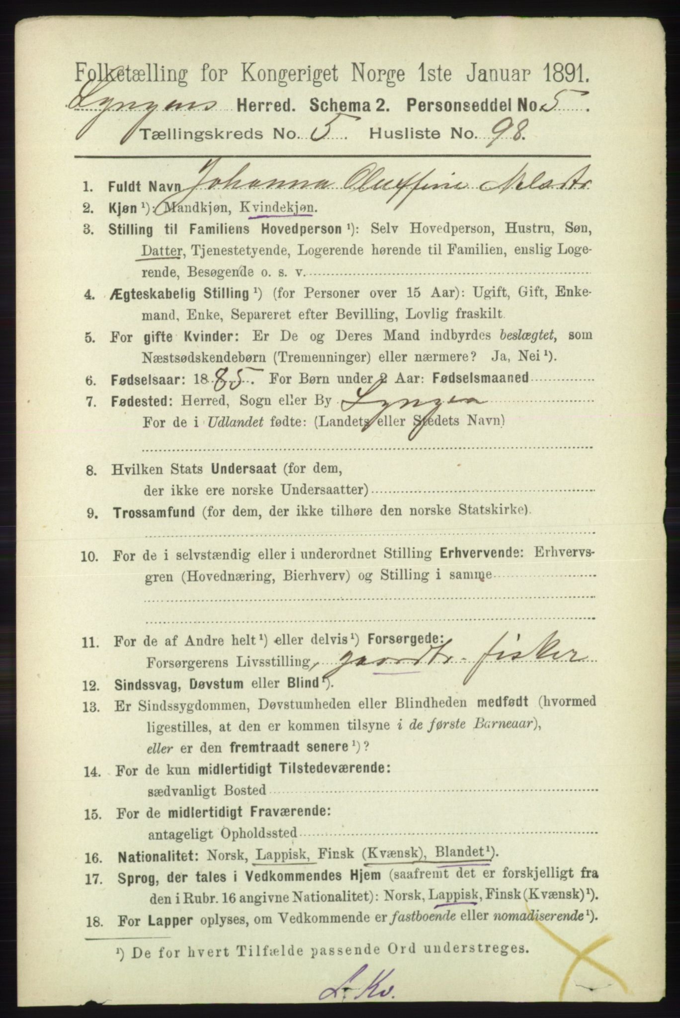 RA, 1891 census for 1938 Lyngen, 1891, p. 5074