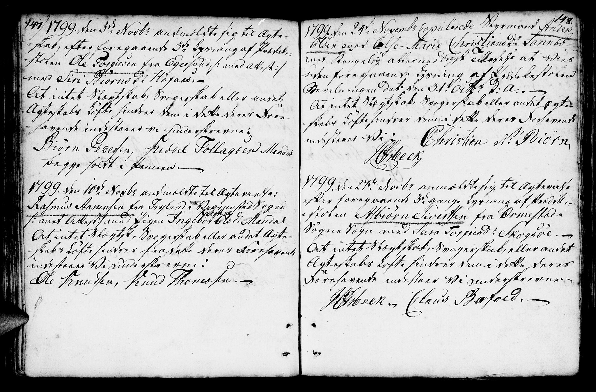 Mandal sokneprestkontor, AV/SAK-1111-0030/F/Fa/Faa/L0007: Parish register (official) no. A 7, 1783-1818, p. 147-148