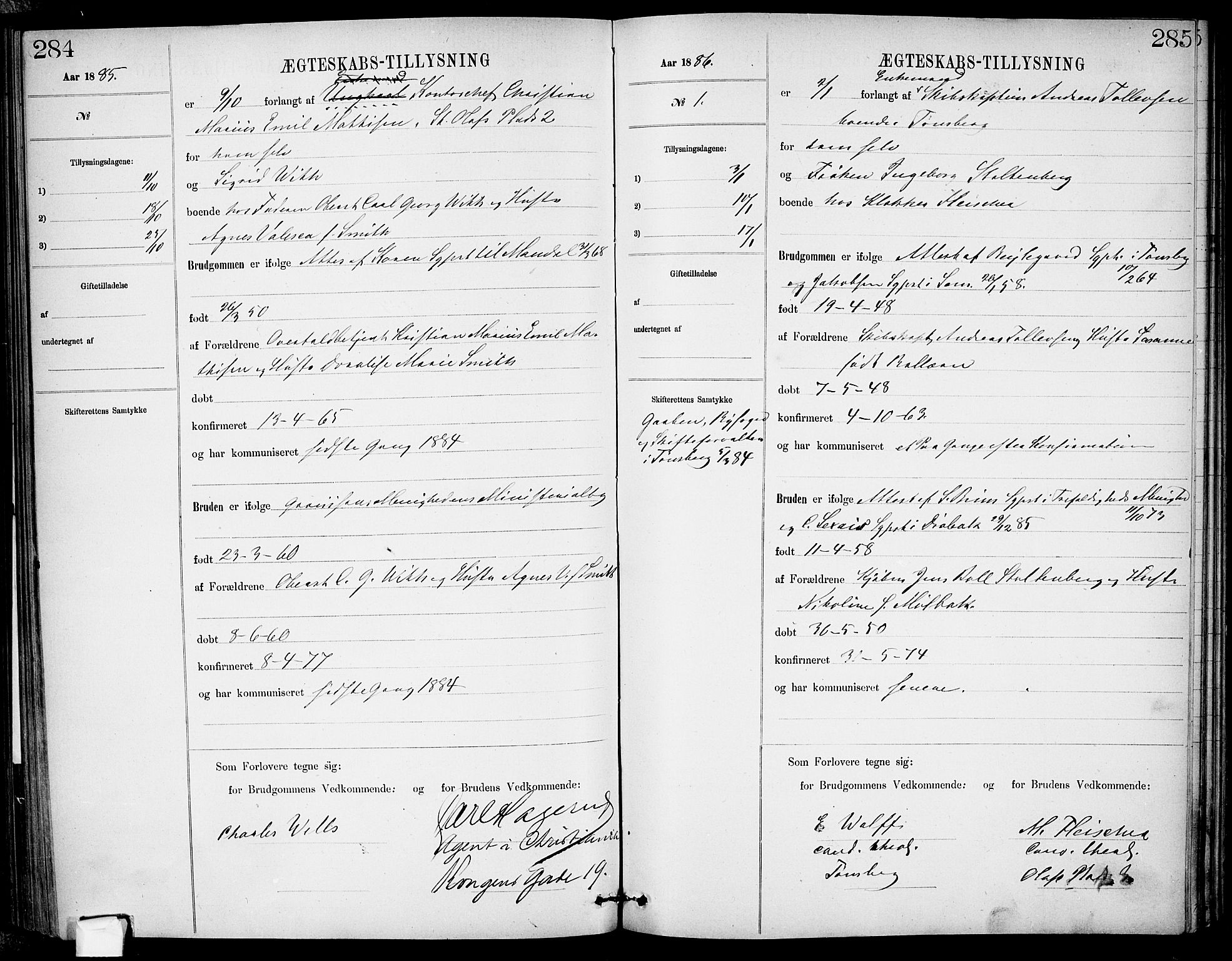 Garnisonsmenigheten Kirkebøker, SAO/A-10846/H/Ha/L0007: Banns register no. I 7, 1872-1893, p. 284-285