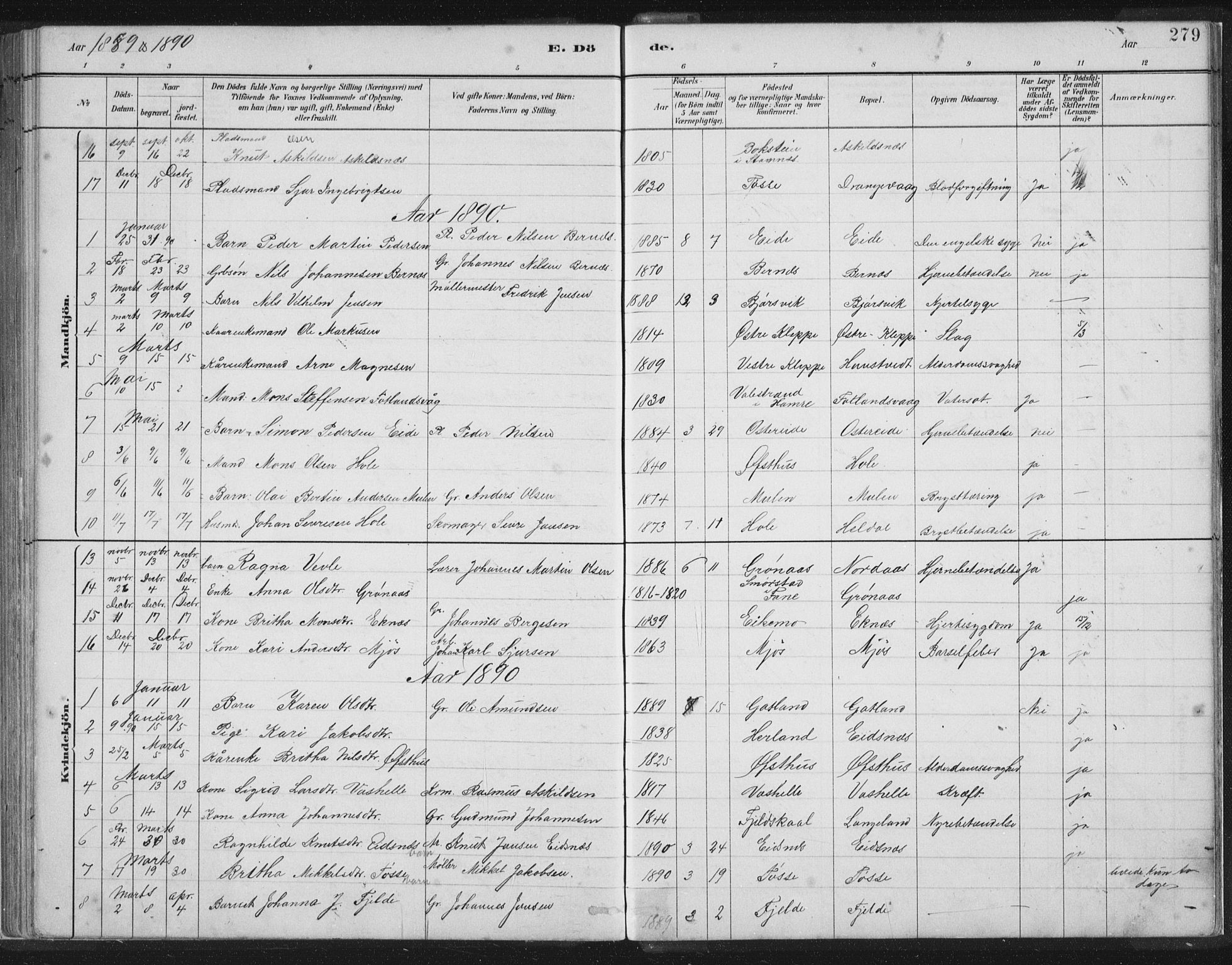 Hosanger sokneprestembete, AV/SAB-A-75801/H/Hab: Parish register (copy) no. A 3 II, 1882-1903, p. 279