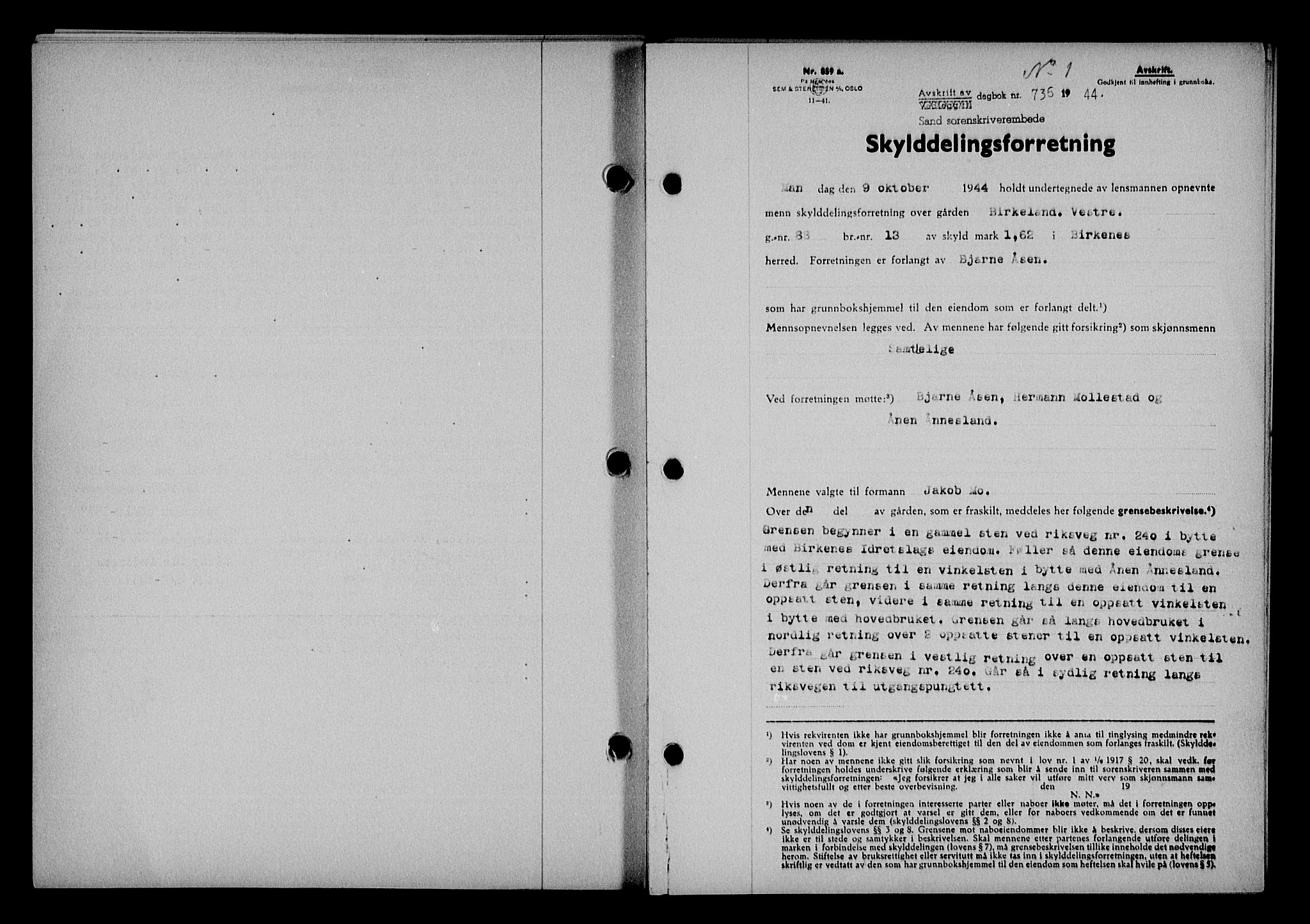 Vestre Nedenes/Sand sorenskriveri, SAK/1221-0010/G/Gb/Gba/L0053: Mortgage book no. A 6, 1944-1945, Diary no: : 736/1944