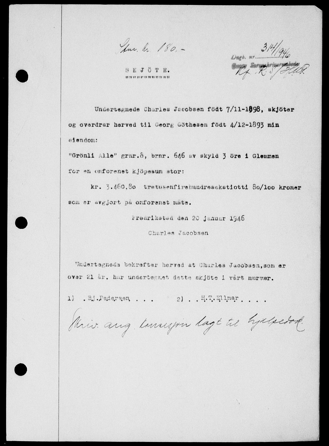 Onsøy sorenskriveri, SAO/A-10474/G/Ga/Gab/L0015: Mortgage book no. II A-15, 1945-1946, Diary no: : 314/1946