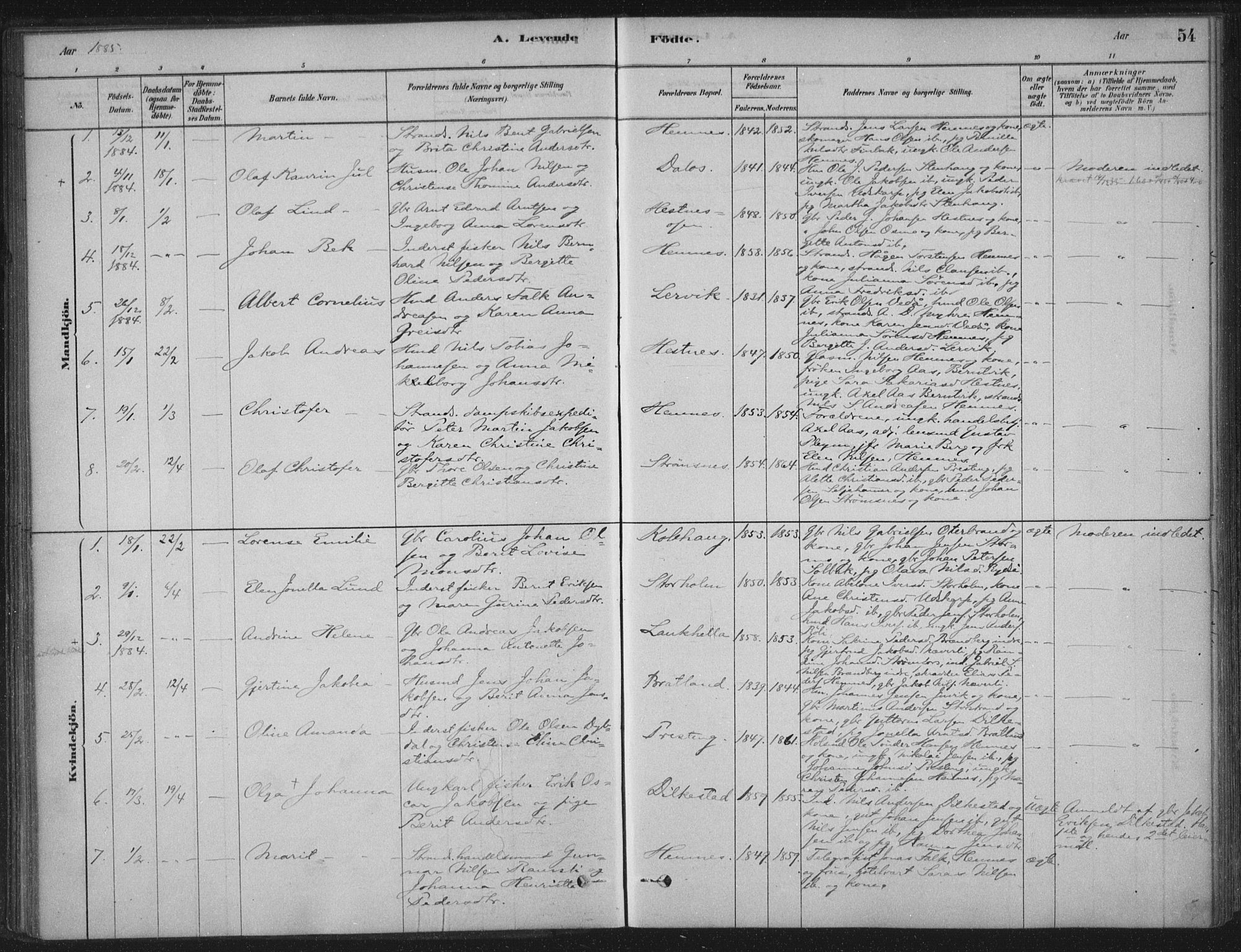 Ministerialprotokoller, klokkerbøker og fødselsregistre - Nordland, AV/SAT-A-1459/825/L0361: Parish register (official) no. 825A15, 1878-1893, p. 54