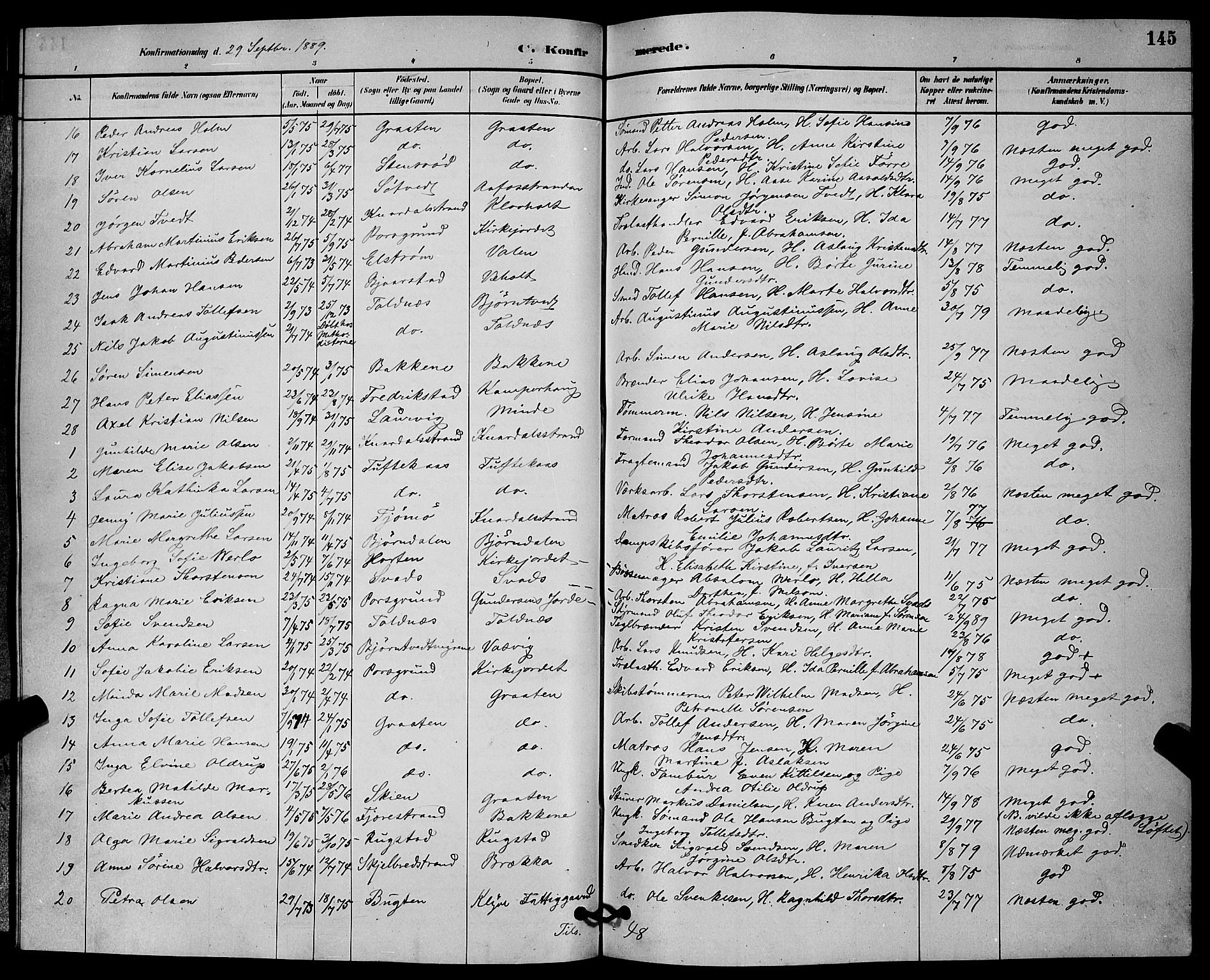 Solum kirkebøker, SAKO/A-306/G/Ga/L0007: Parish register (copy) no. I 7, 1884-1898, p. 145