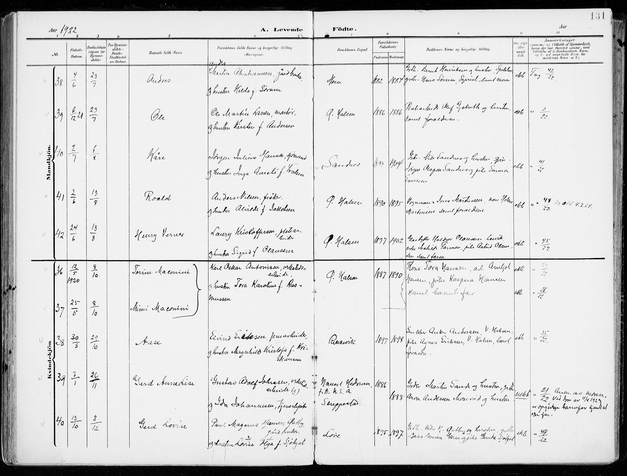 Tjølling kirkebøker, SAKO/A-60/F/Fa/L0010: Parish register (official) no. 10, 1906-1923, p. 131