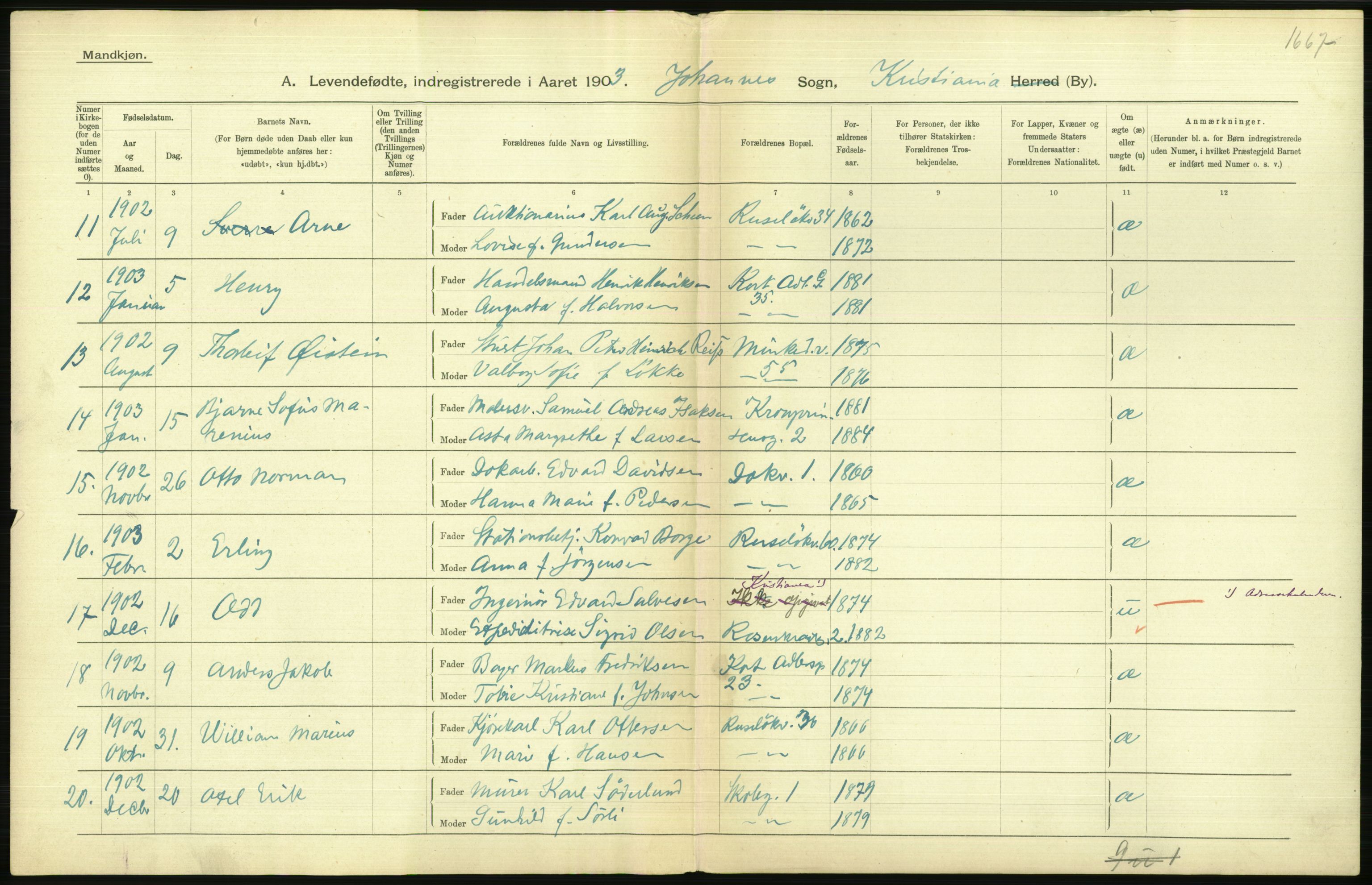 Statistisk sentralbyrå, Sosiodemografiske emner, Befolkning, AV/RA-S-2228/D/Df/Dfa/Dfaa/L0003: Kristiania: Fødte, 1903, p. 534