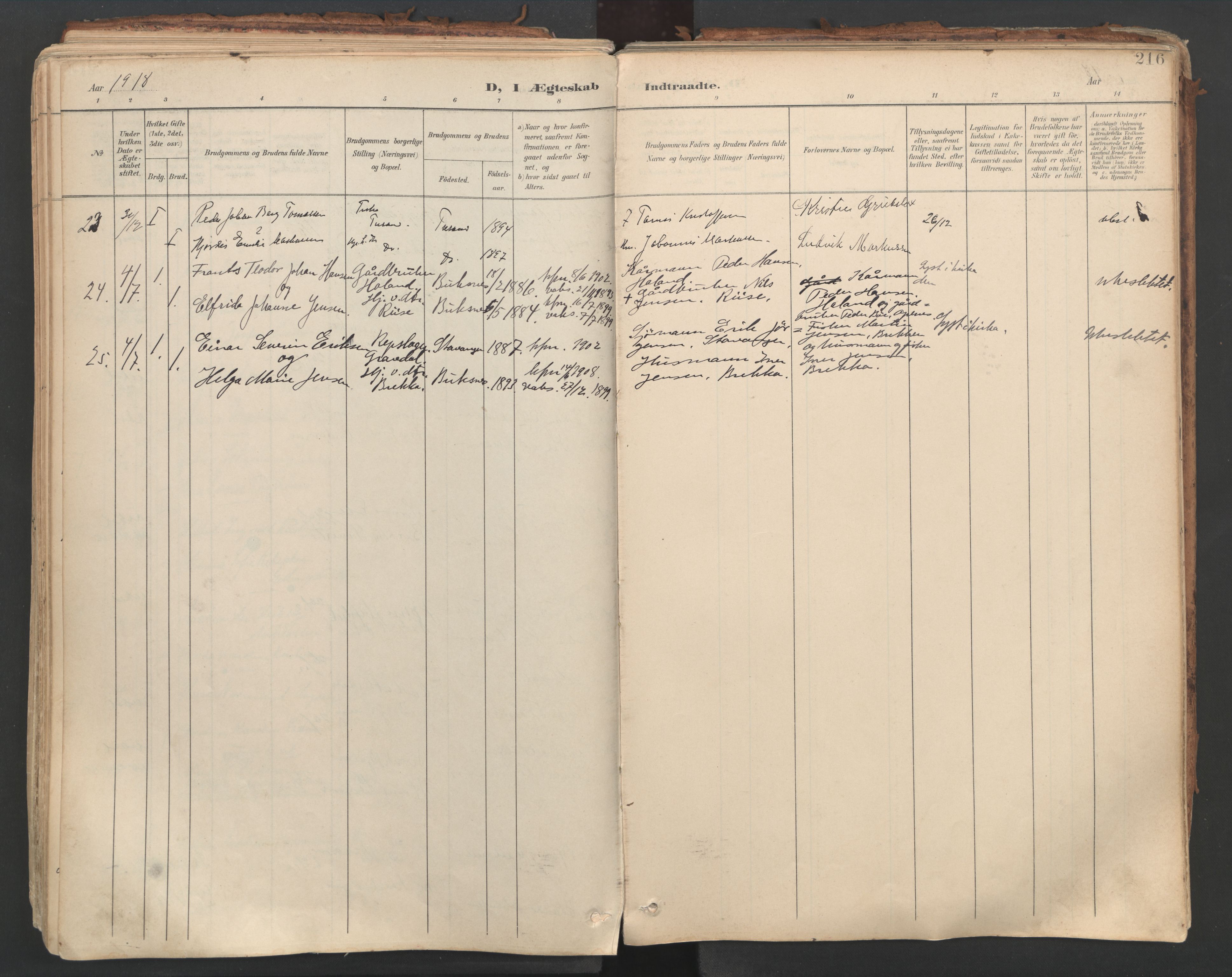 Ministerialprotokoller, klokkerbøker og fødselsregistre - Nordland, AV/SAT-A-1459/881/L1154: Parish register (official) no. 881A07, 1907-1918, p. 216