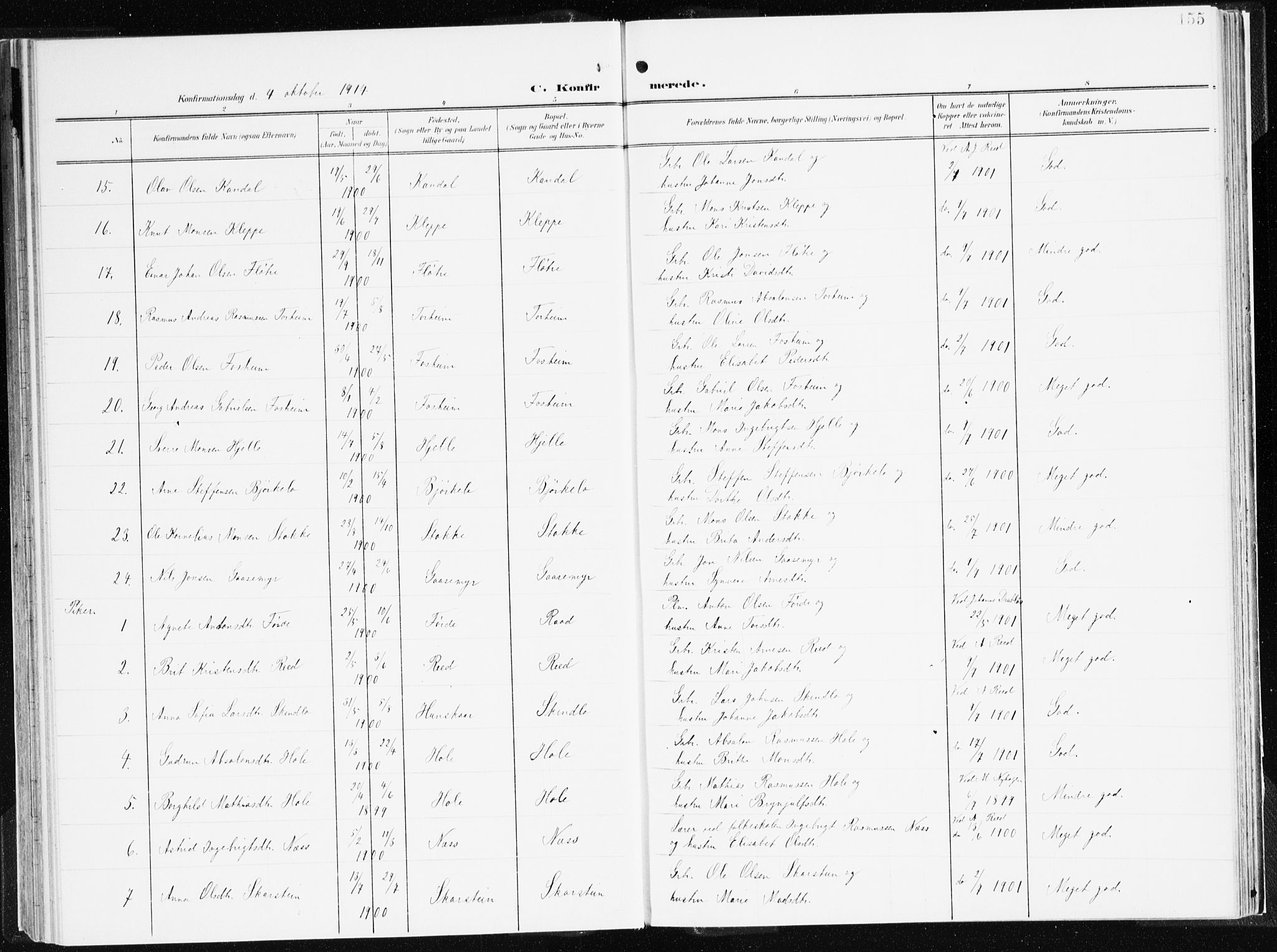 Gloppen sokneprestembete, AV/SAB-A-80101/H/Haa/Haac/L0003: Parish register (official) no. C 3, 1904-1921, p. 155