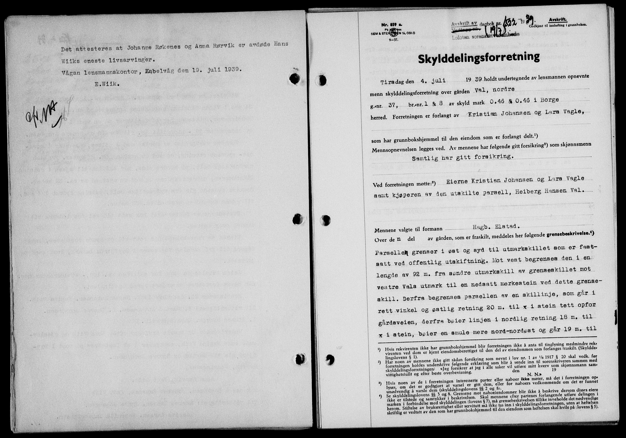 Lofoten sorenskriveri, SAT/A-0017/1/2/2C/L0006a: Mortgage book no. 6a, 1939-1939, Diary no: : 1522/1939