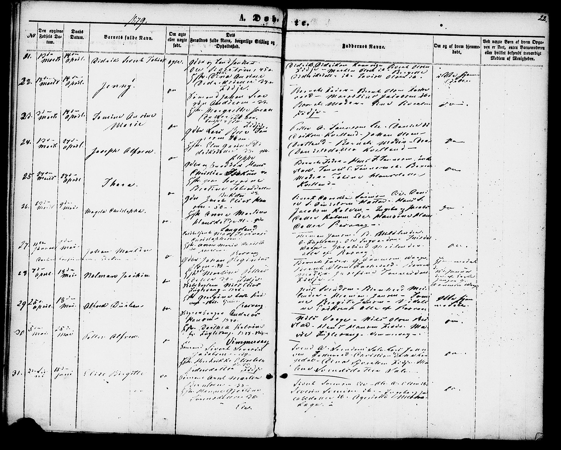 Flekkefjord sokneprestkontor, AV/SAK-1111-0012/F/Fa/Fab/L0005: Parish register (official) no. A 5, 1870-1886, p. 22