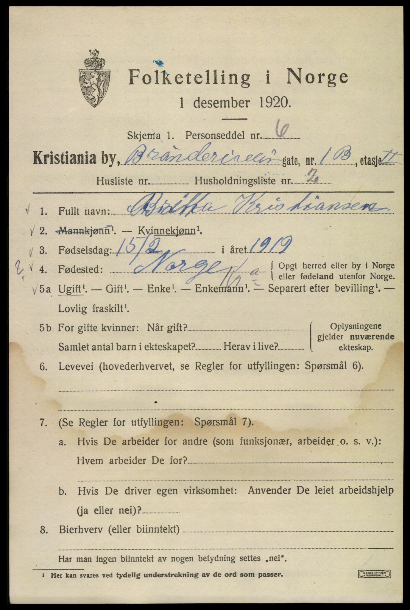 SAO, 1920 census for Kristiania, 1920, p. 175763