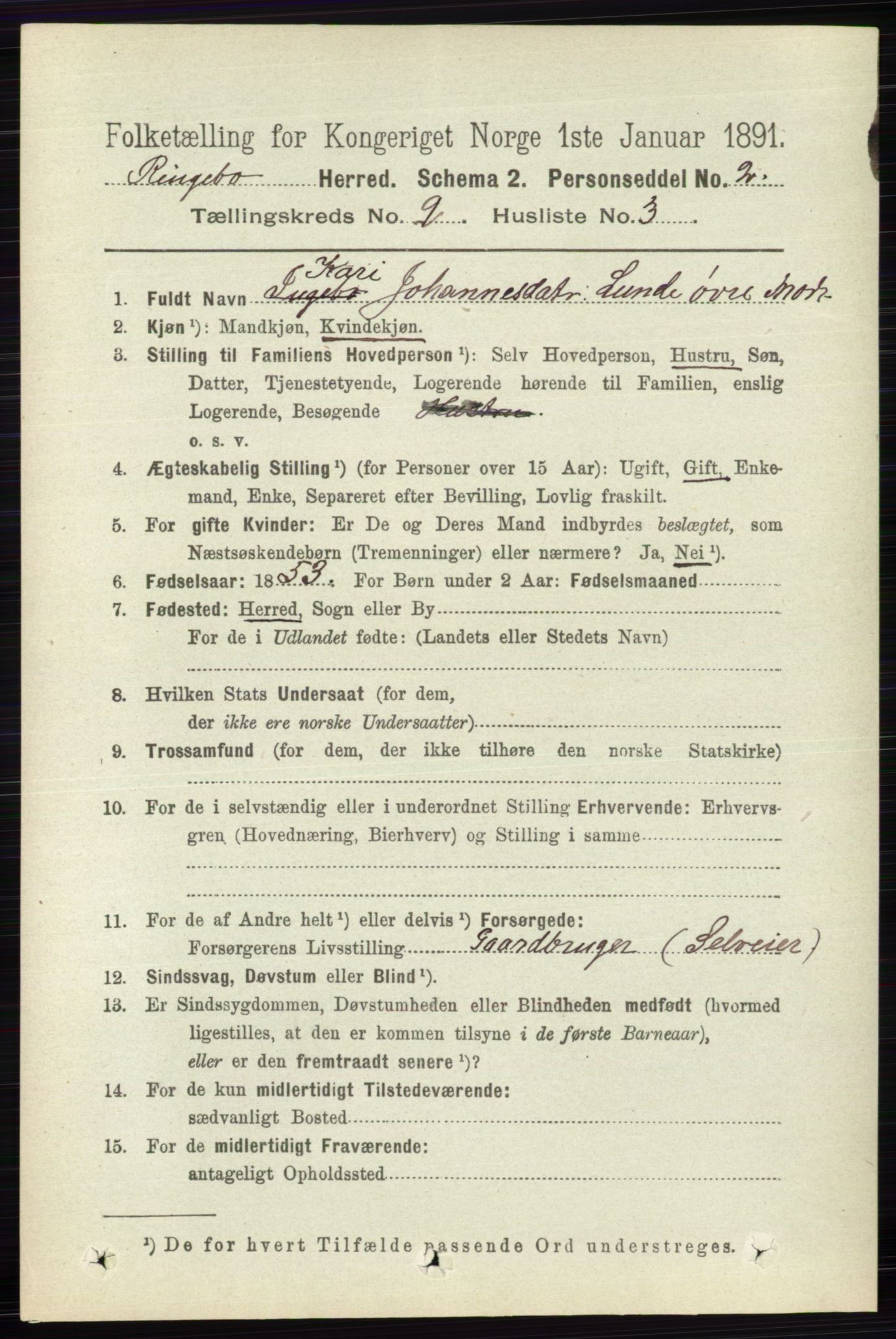 RA, 1891 census for 0520 Ringebu, 1891, p. 403