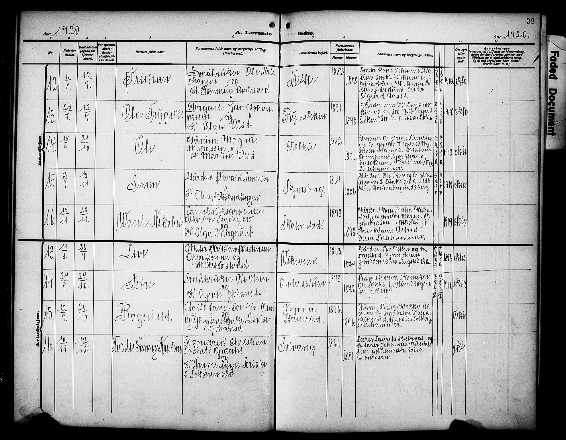 Øyer prestekontor, AV/SAH-PREST-084/H/Ha/Hab/L0007: Parish register (copy) no. 7, 1913-1928, p. 32