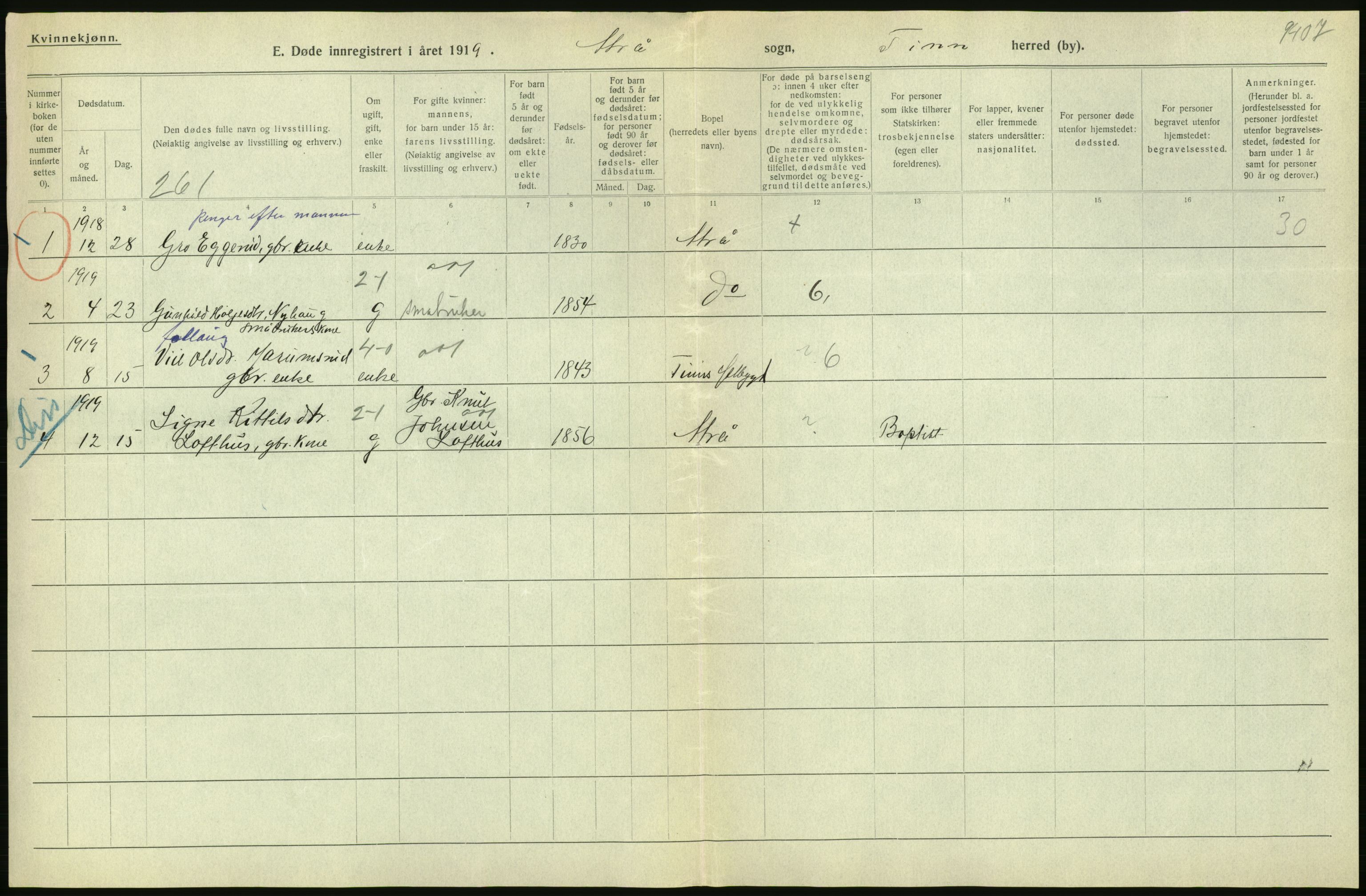 Statistisk sentralbyrå, Sosiodemografiske emner, Befolkning, AV/RA-S-2228/D/Df/Dfb/Dfbi/L0023: Telemark fylke: Døde. Bygder og byer., 1919, p. 280