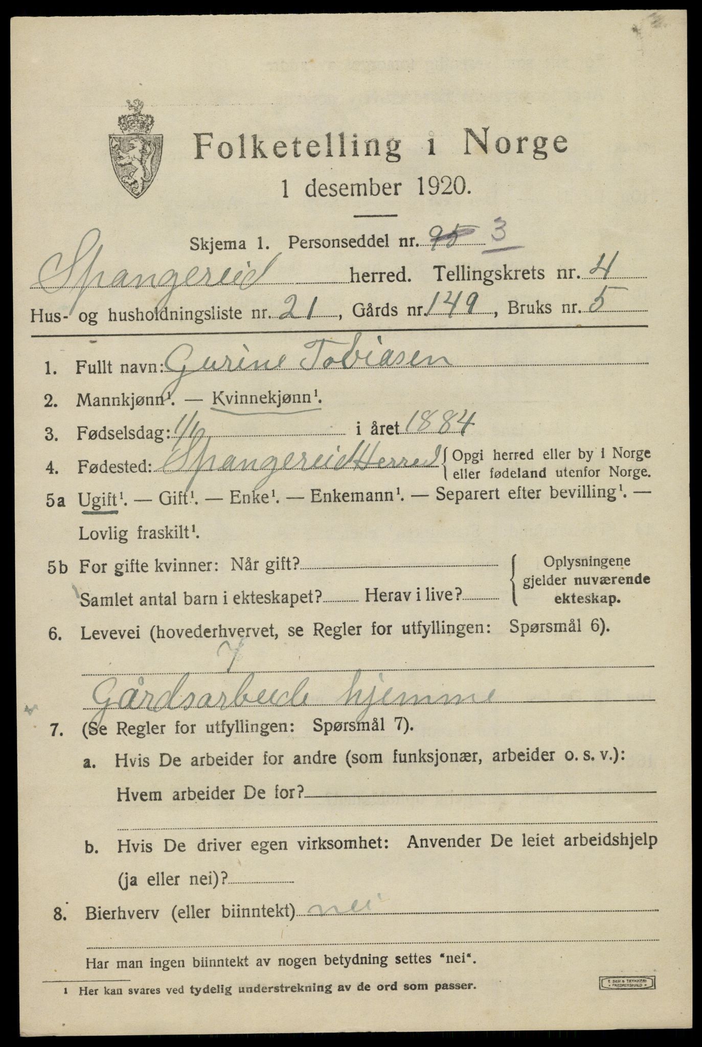 SAK, 1920 census for Spangereid, 1920, p. 1707