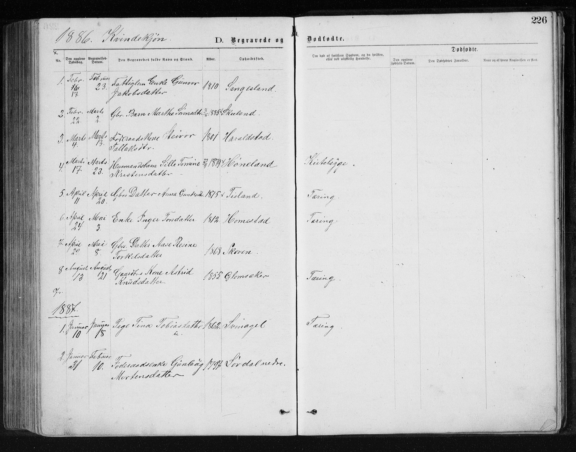 Holum sokneprestkontor, SAK/1111-0022/F/Fb/Fbb/L0003: Parish register (copy) no. B 3, 1875-1898, p. 226