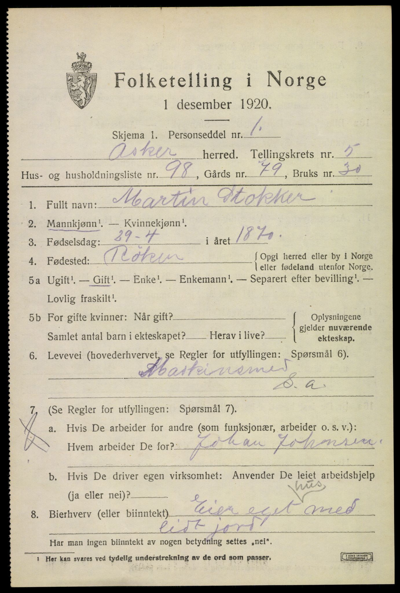 SAO, 1920 census for Asker, 1920, p. 13934