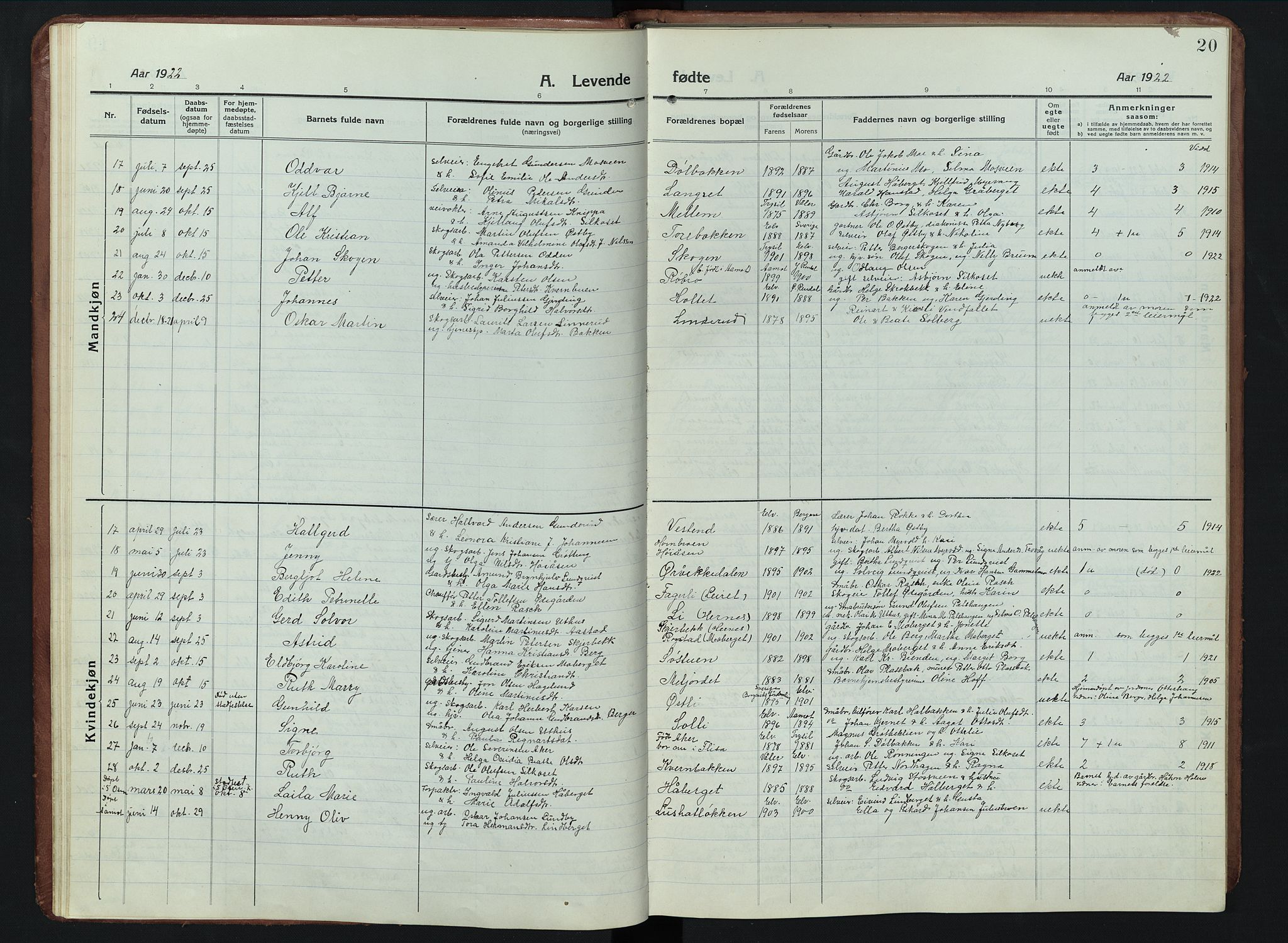 Elverum prestekontor, AV/SAH-PREST-044/H/Ha/Hab/L0011: Parish register (copy) no. 11, 1915-1947, p. 20