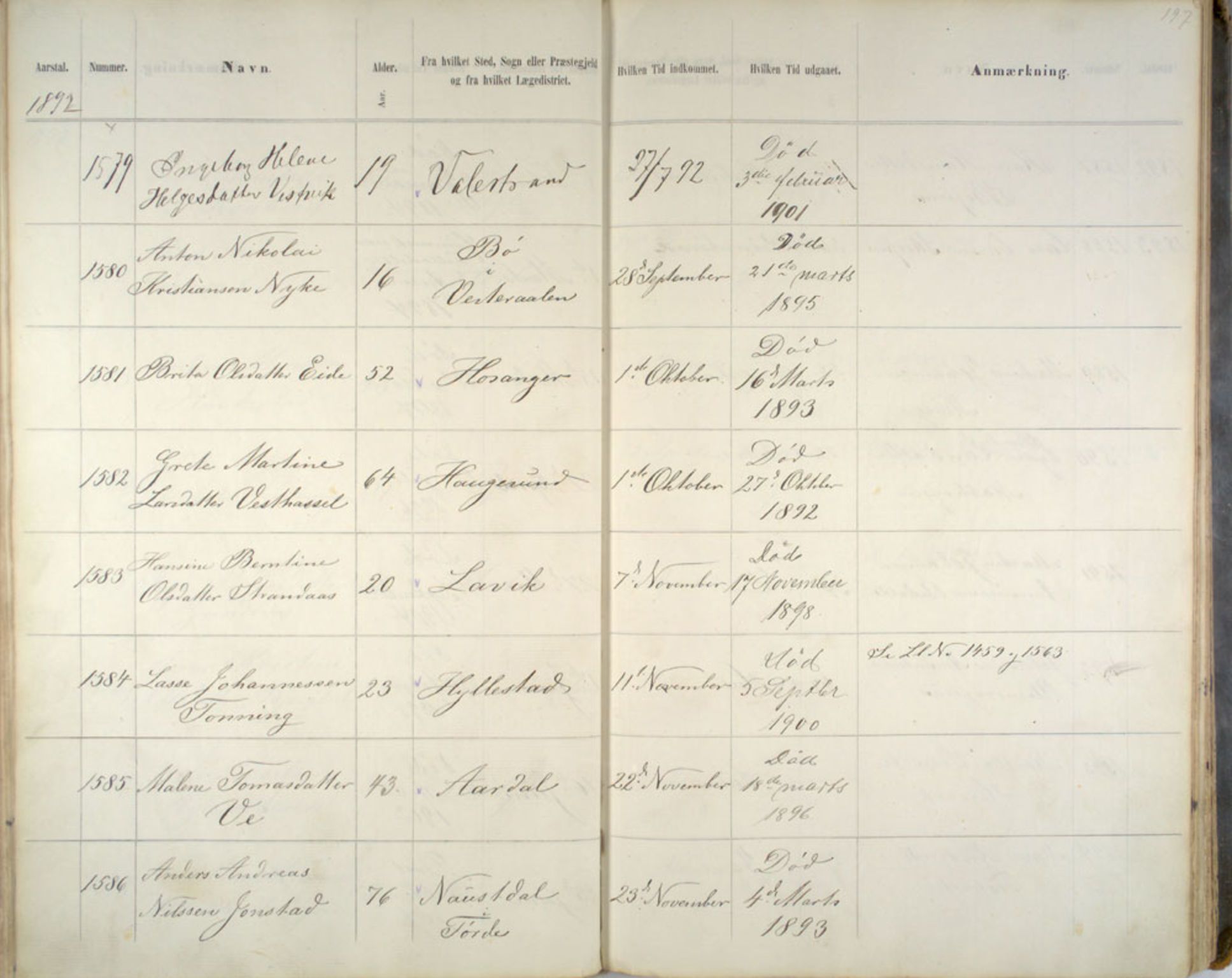 Lepraarkiver - Pleiestiftelsen for spedalske no.1, AV/SAB-A-60601/C/L0005: Av- og tilgangsliste, 1857-1955, p. 197