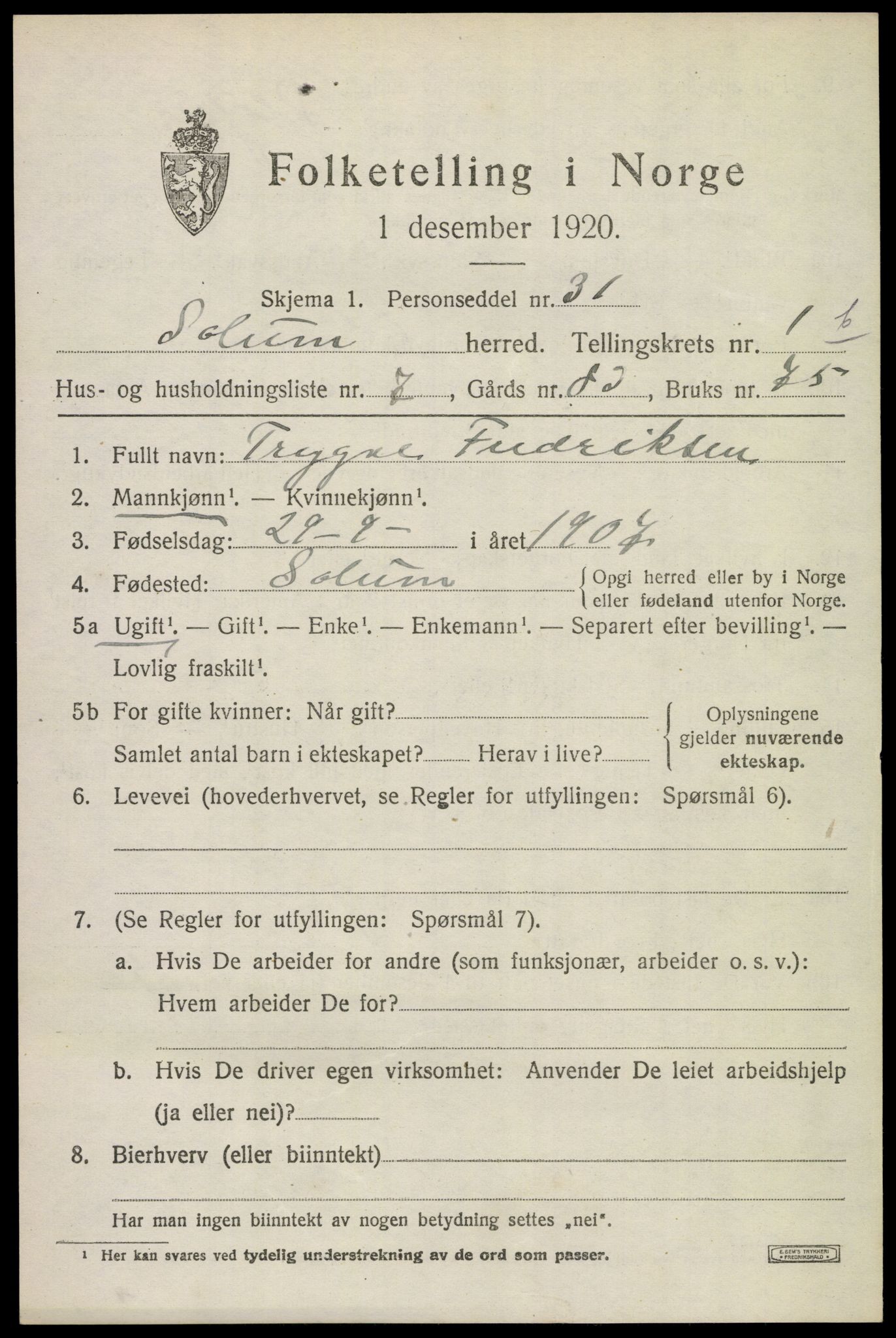 SAKO, 1920 census for Solum, 1920, p. 4190