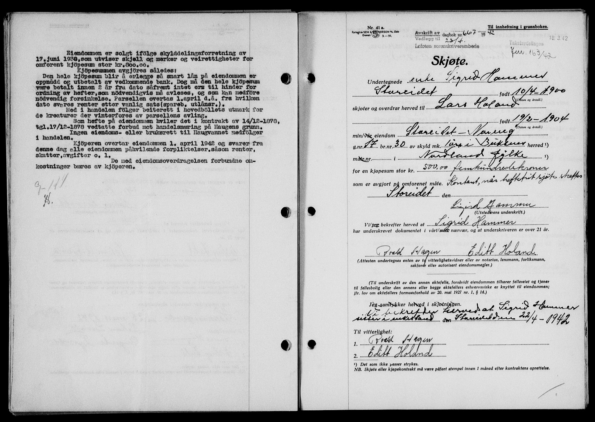 Lofoten sorenskriveri, SAT/A-0017/1/2/2C/L0009a: Mortgage book no. 9a, 1941-1942, Diary no: : 667/1942
