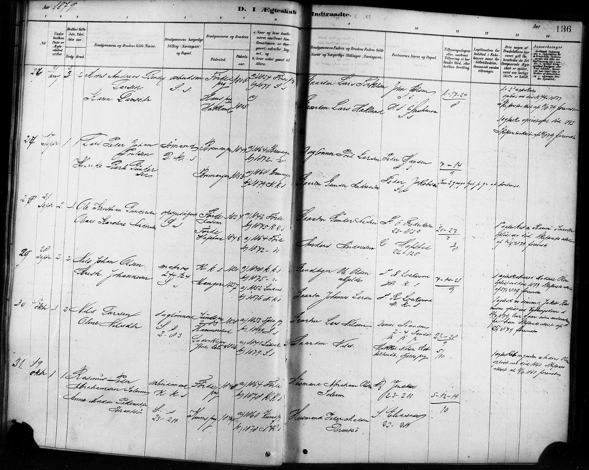 Sandviken Sokneprestembete, AV/SAB-A-77601/H/Ha/L0002: Parish register (official) no. A 2, 1878-1896, p. 136