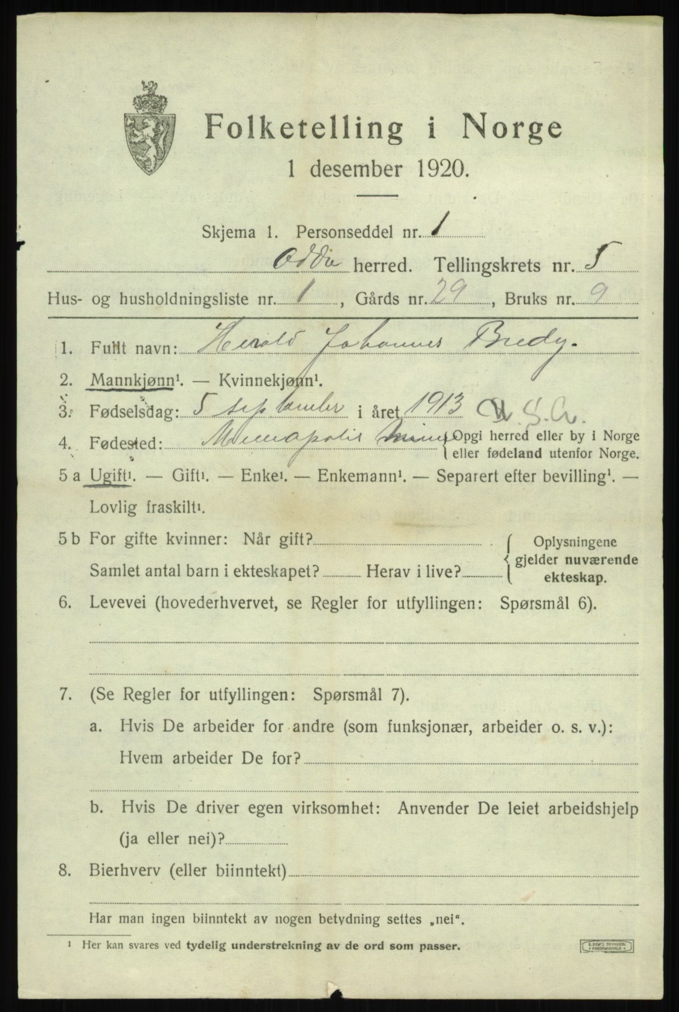 SAB, 1920 census for Odda, 1920, p. 3159