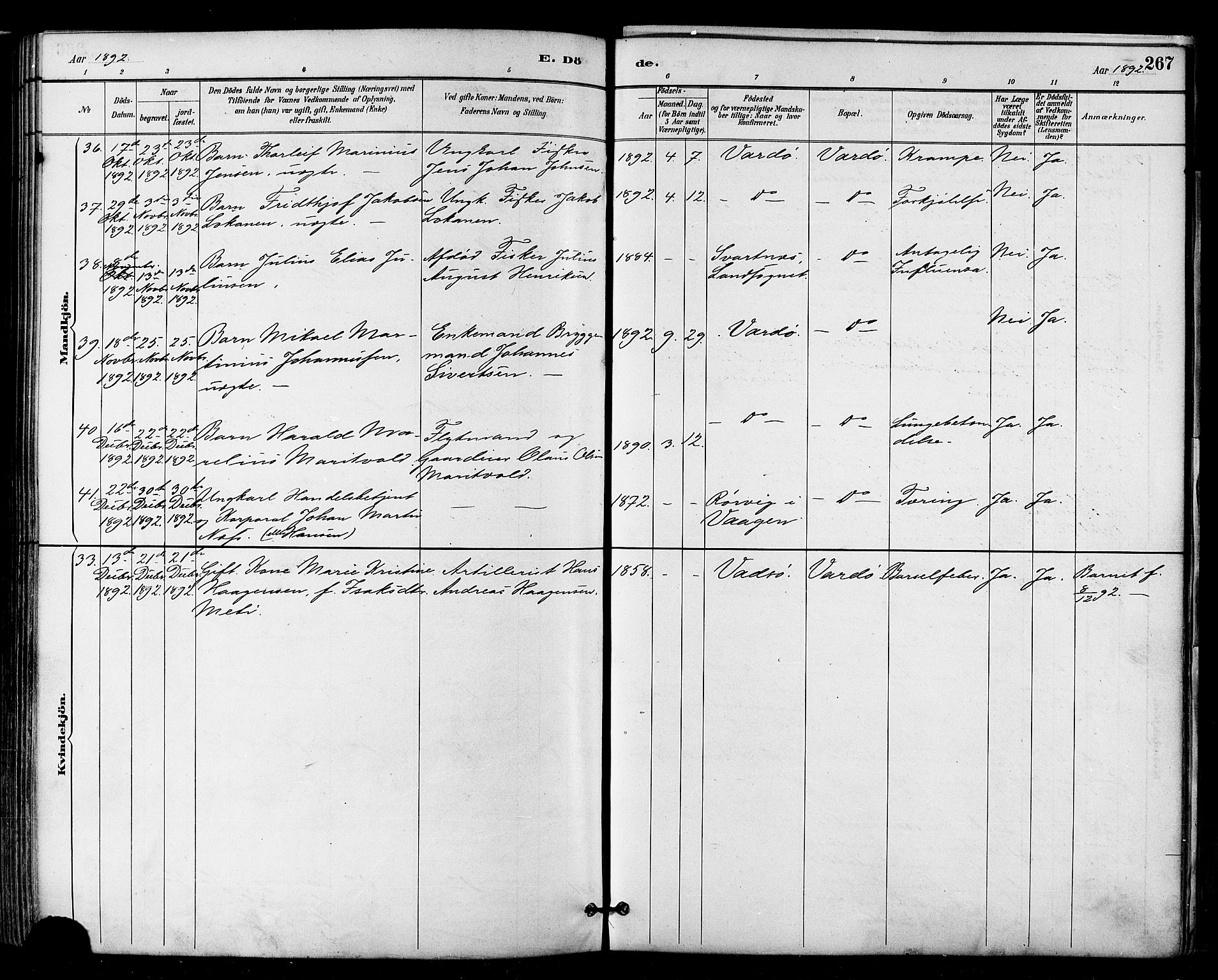 Vardø sokneprestkontor, AV/SATØ-S-1332/H/Ha/L0007kirke: Parish register (official) no. 7, 1886-1897, p. 267