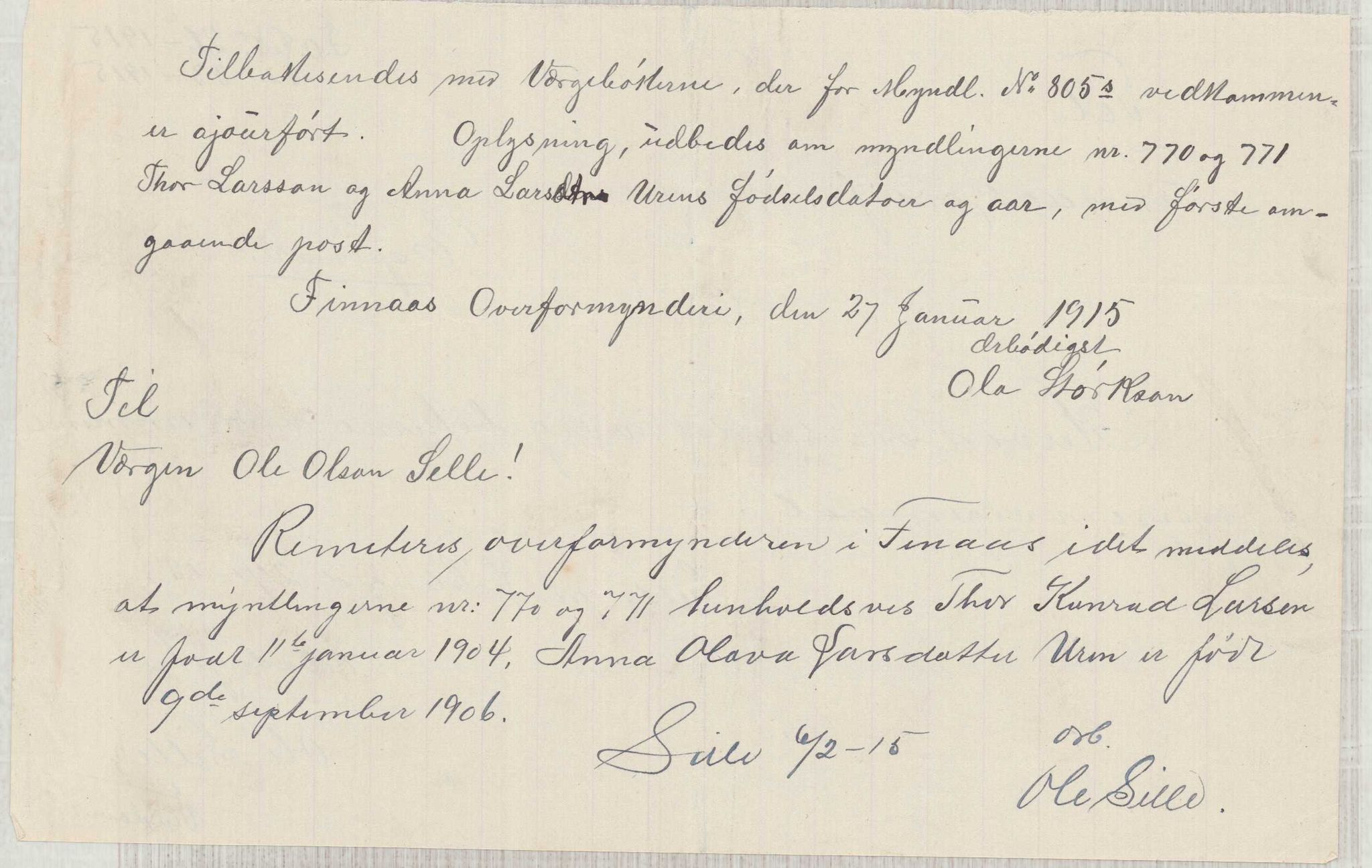 Finnaas kommune. Overformynderiet, IKAH/1218a-812/D/Da/Daa/L0003/0001: Kronologisk ordna korrespondanse / Kronologisk ordna korrespondanse, 1914-1916, p. 49