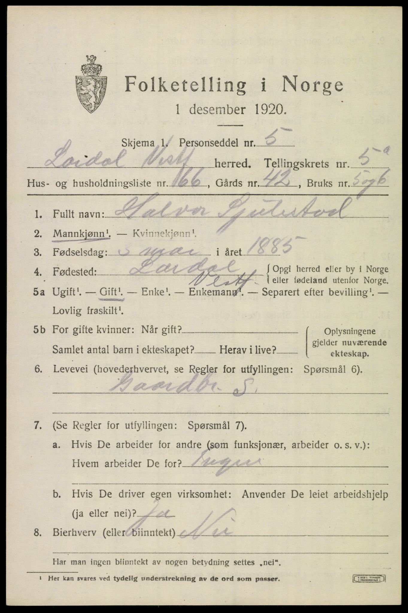 SAKO, 1920 census for Lardal, 1920, p. 5197