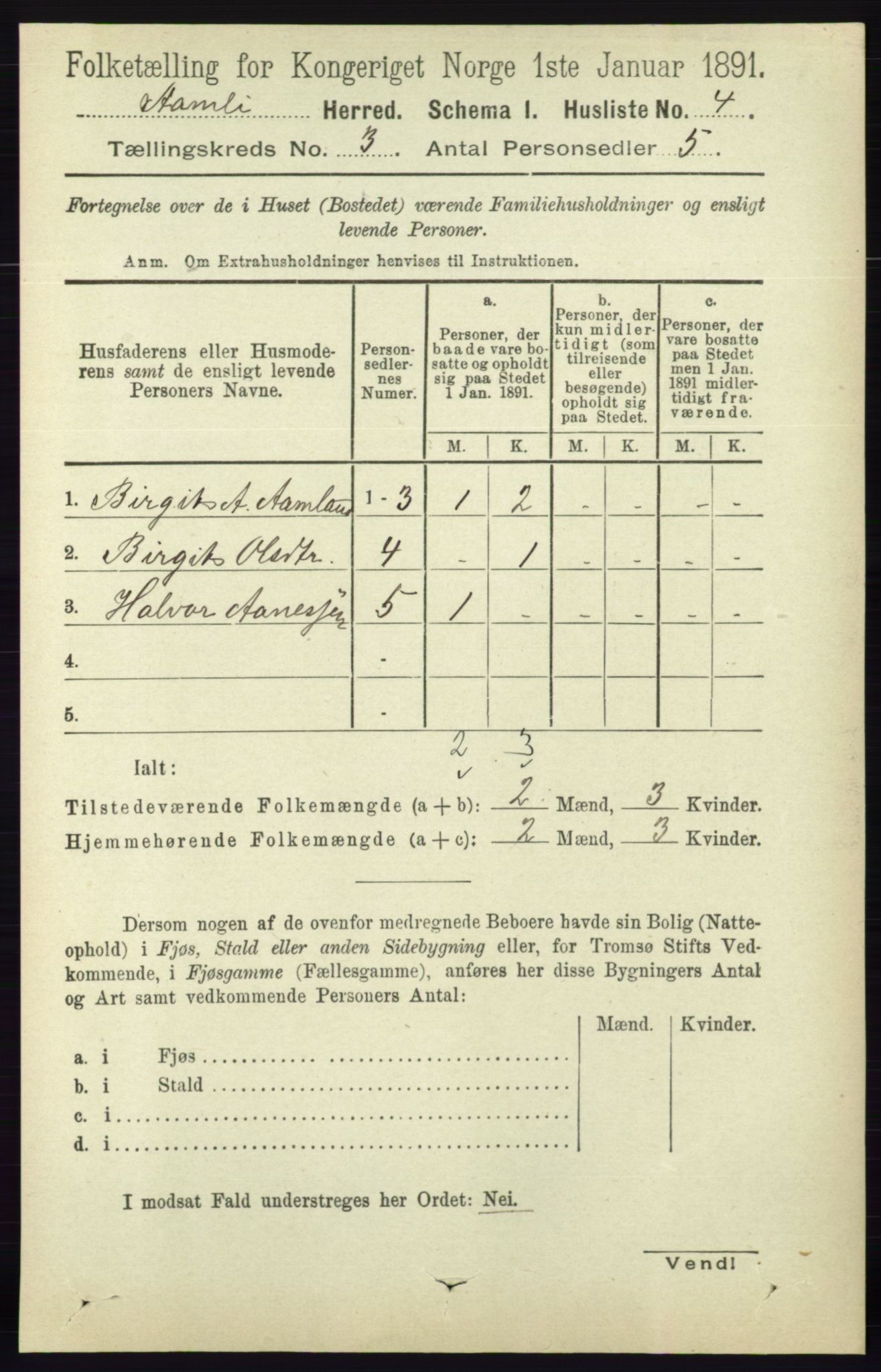 RA, 1891 census for 0929 Åmli, 1891, p. 303