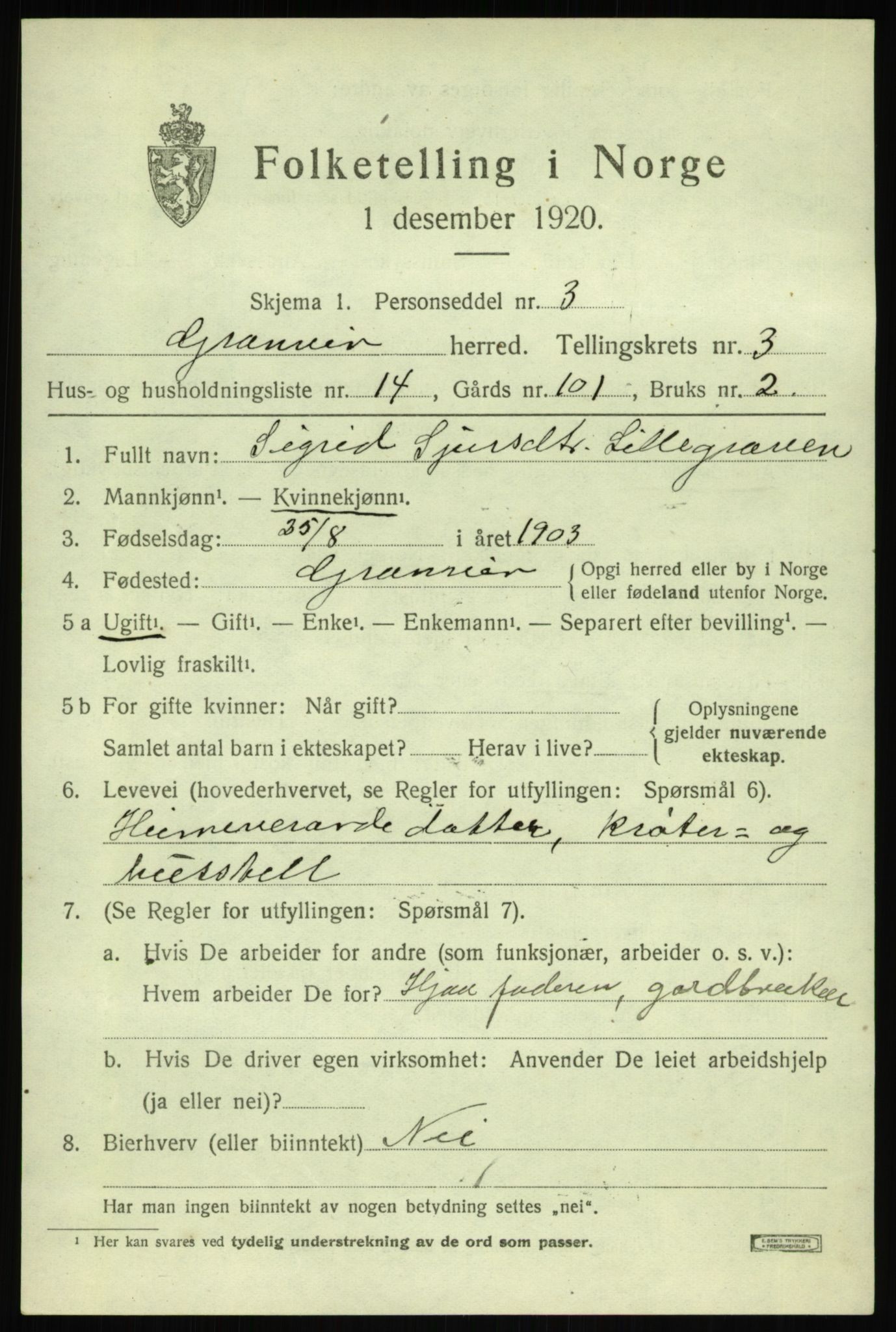 SAB, 1920 census for Granvin, 1920, p. 1298