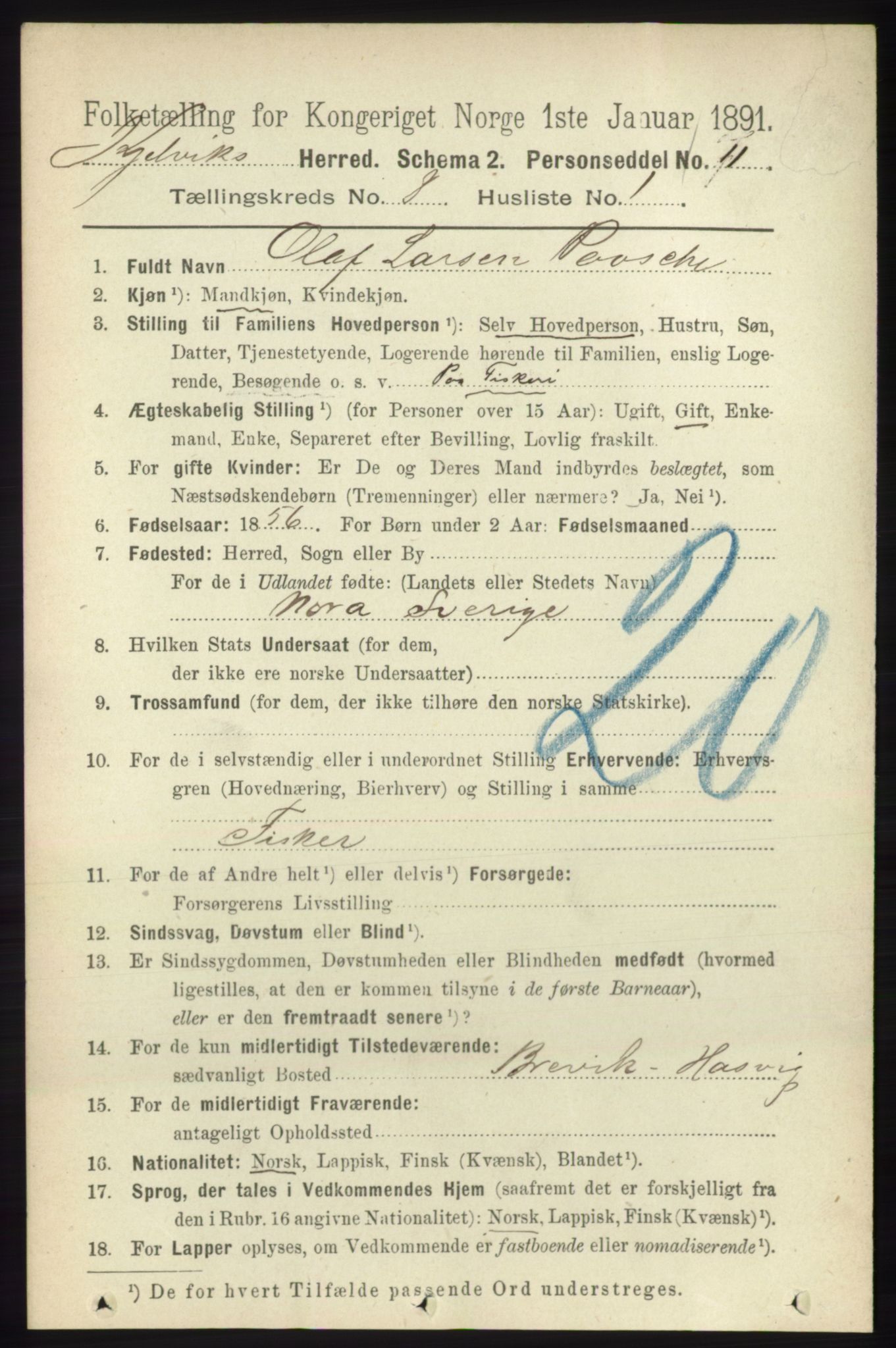 RA, 1891 census for 2019 Kjelvik, 1891, p. 1185