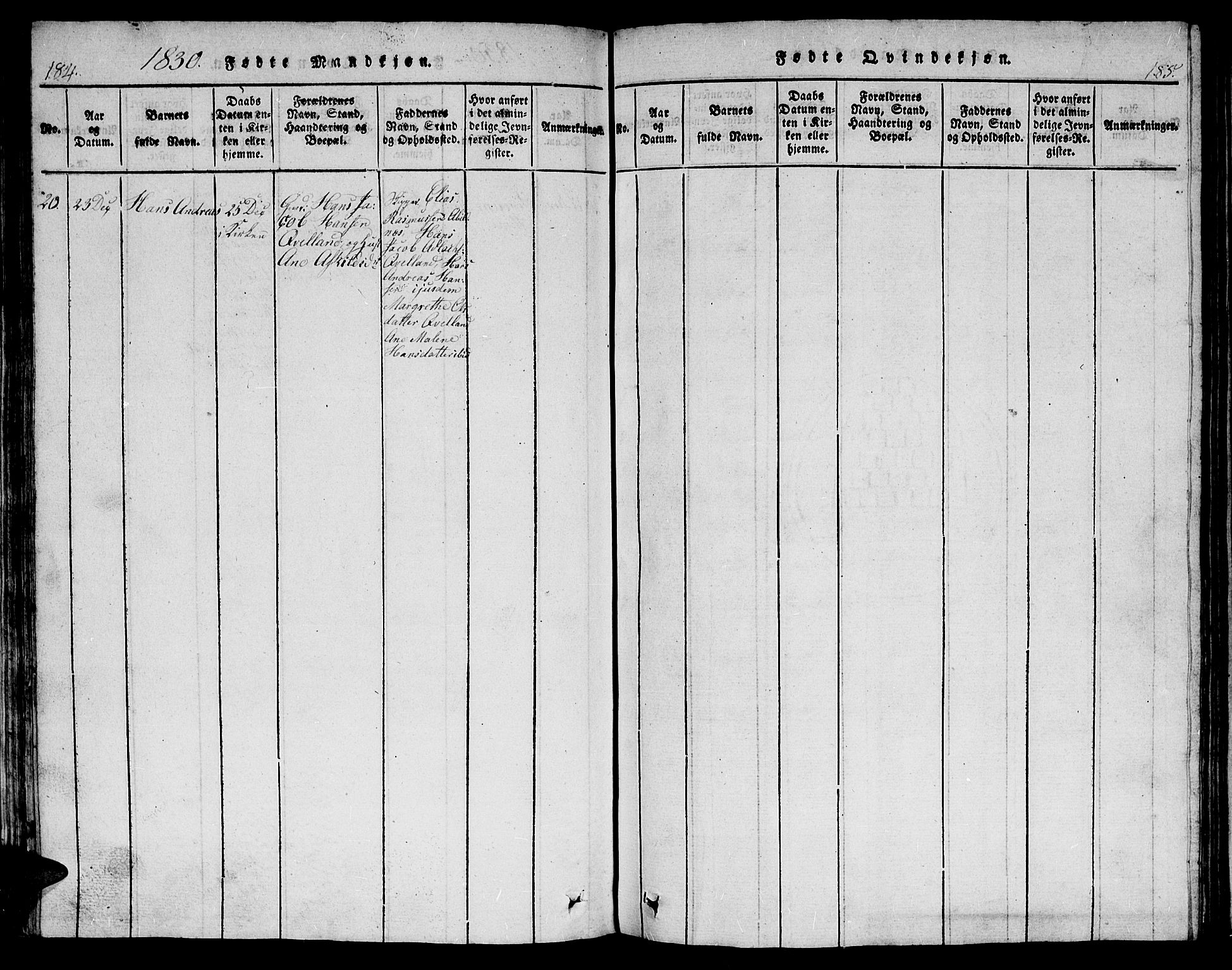 Flekkefjord sokneprestkontor, AV/SAK-1111-0012/F/Fb/Fbb/L0001: Parish register (copy) no. B 1, 1815-1830, p. 184-185