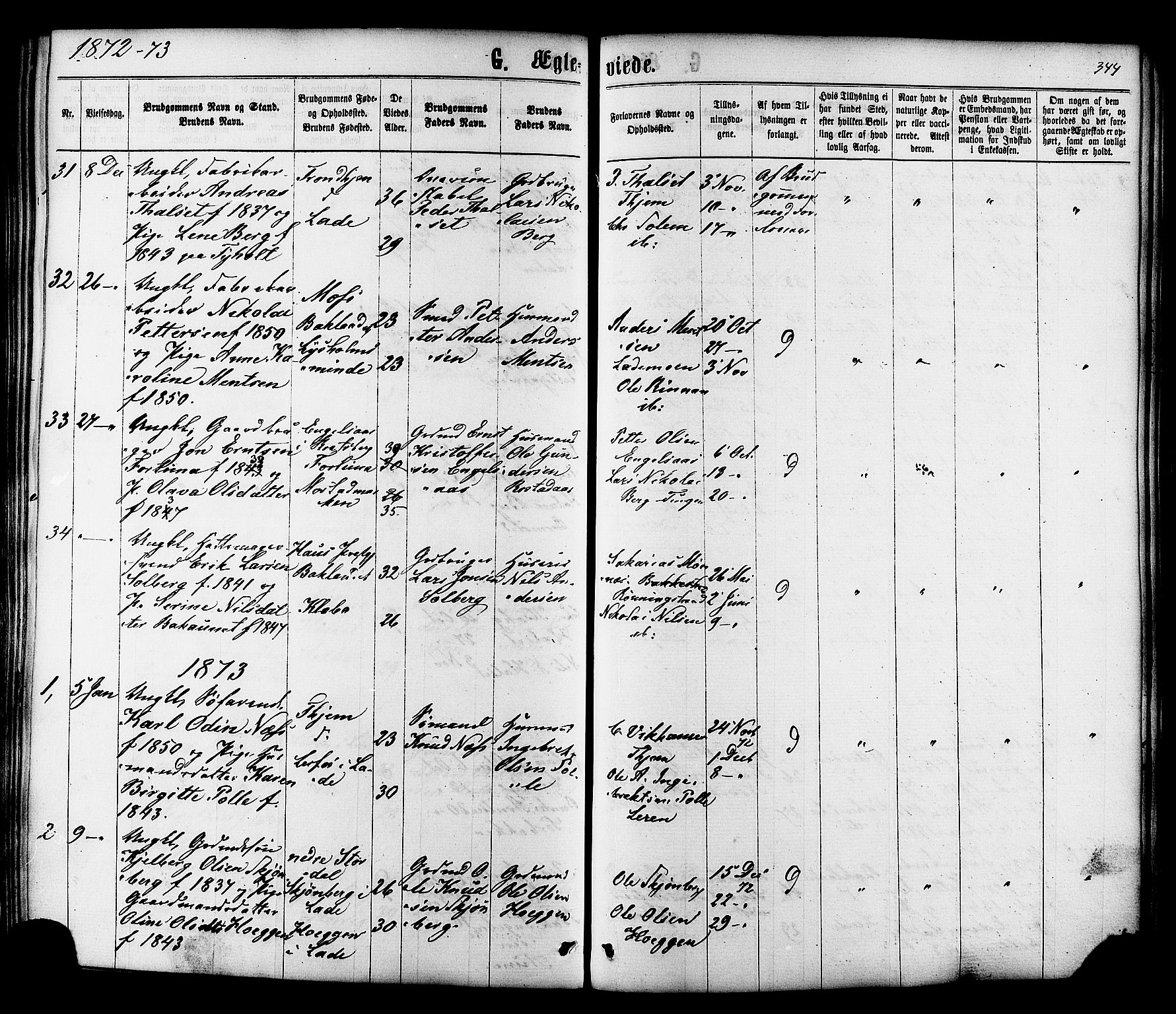 Ministerialprotokoller, klokkerbøker og fødselsregistre - Sør-Trøndelag, SAT/A-1456/606/L0293: Parish register (official) no. 606A08, 1866-1877, p. 344