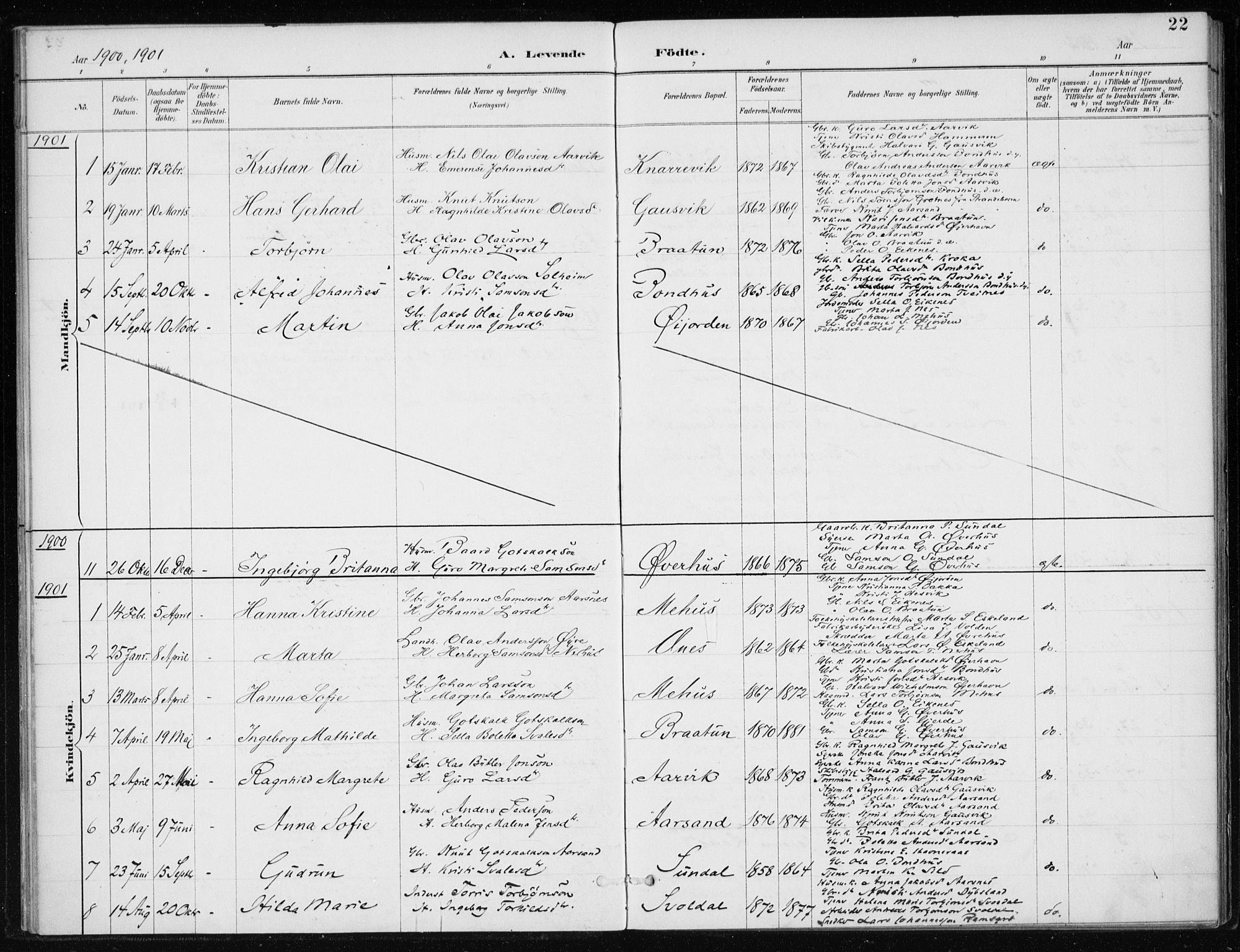 Kvinnherad sokneprestembete, SAB/A-76401/H/Haa: Parish register (official) no. F 1, 1887-1912, p. 22