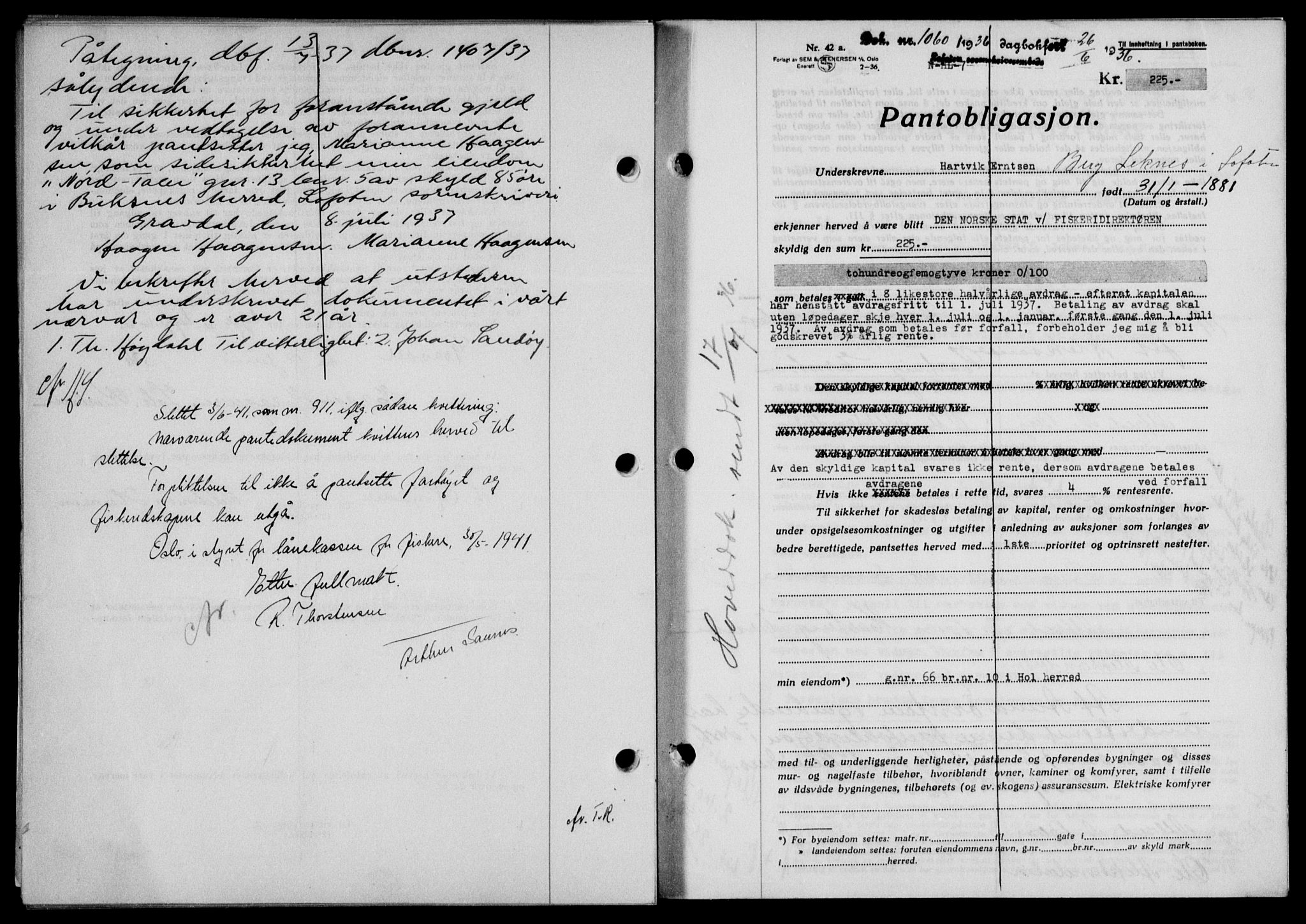 Lofoten sorenskriveri, SAT/A-0017/1/2/2C/L0033b: Mortgage book no. 33b, 1936-1936, Diary no: : 1060/1936