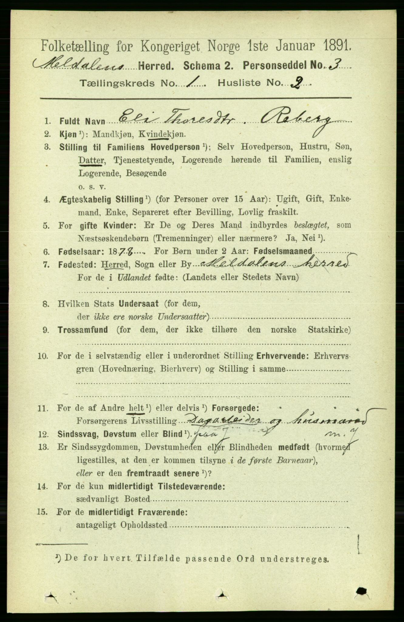 RA, 1891 census for 1636 Meldal, 1891, p. 168