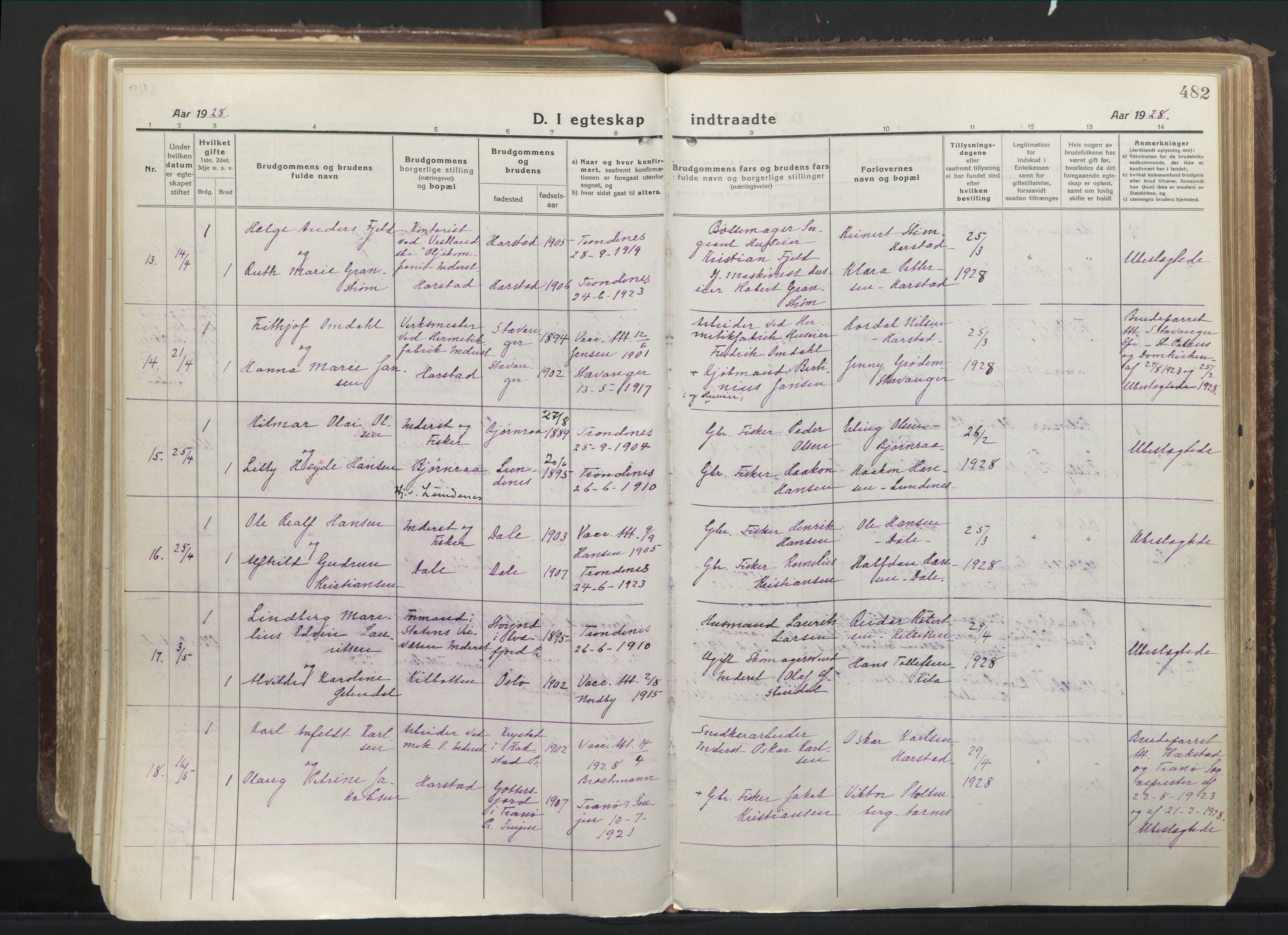 Trondenes sokneprestkontor, AV/SATØ-S-1319/H/Ha/L0019kirke: Parish register (official) no. 19, 1919-1928, p. 482