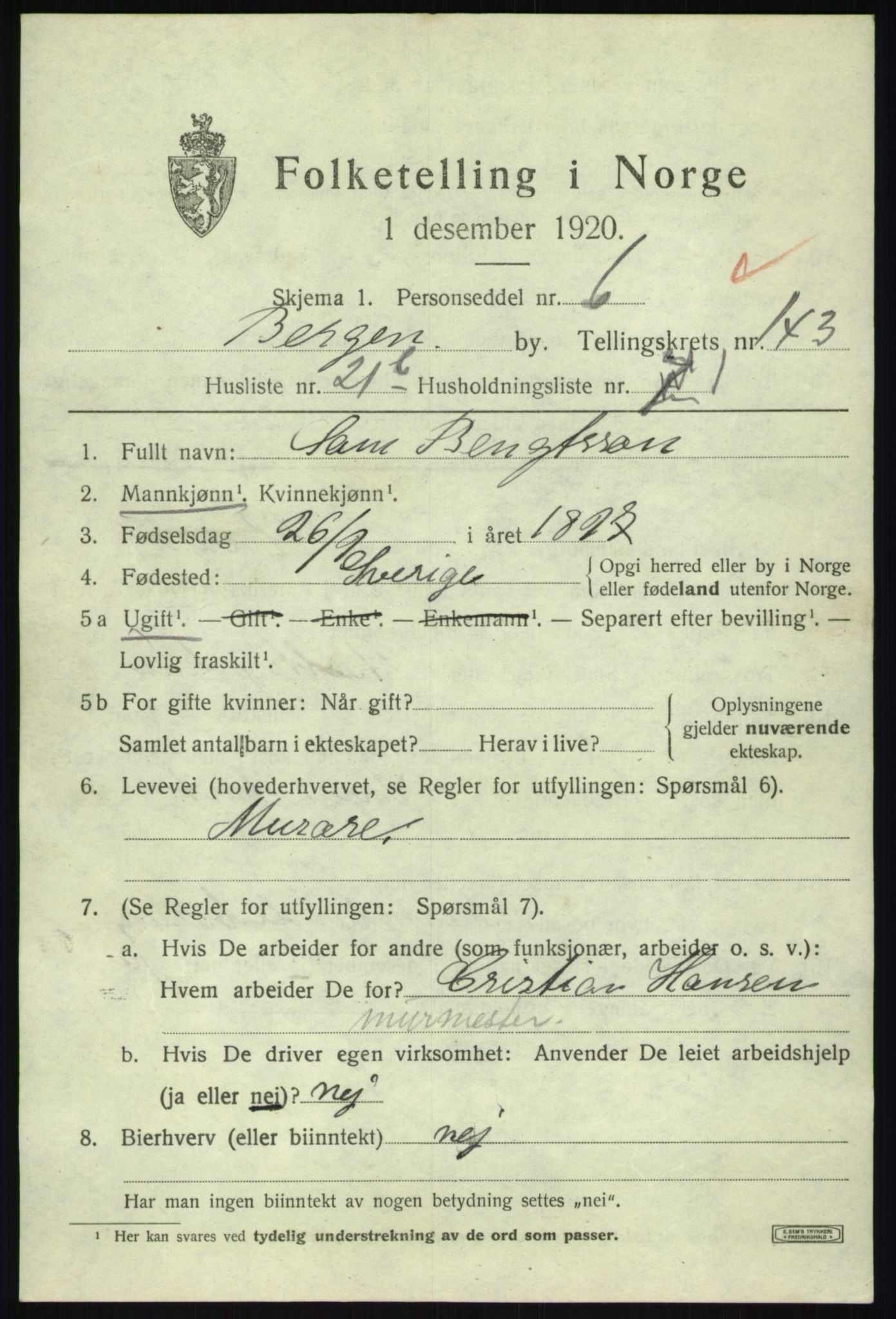 SAB, 1920 census for Bergen, 1920, p. 239363