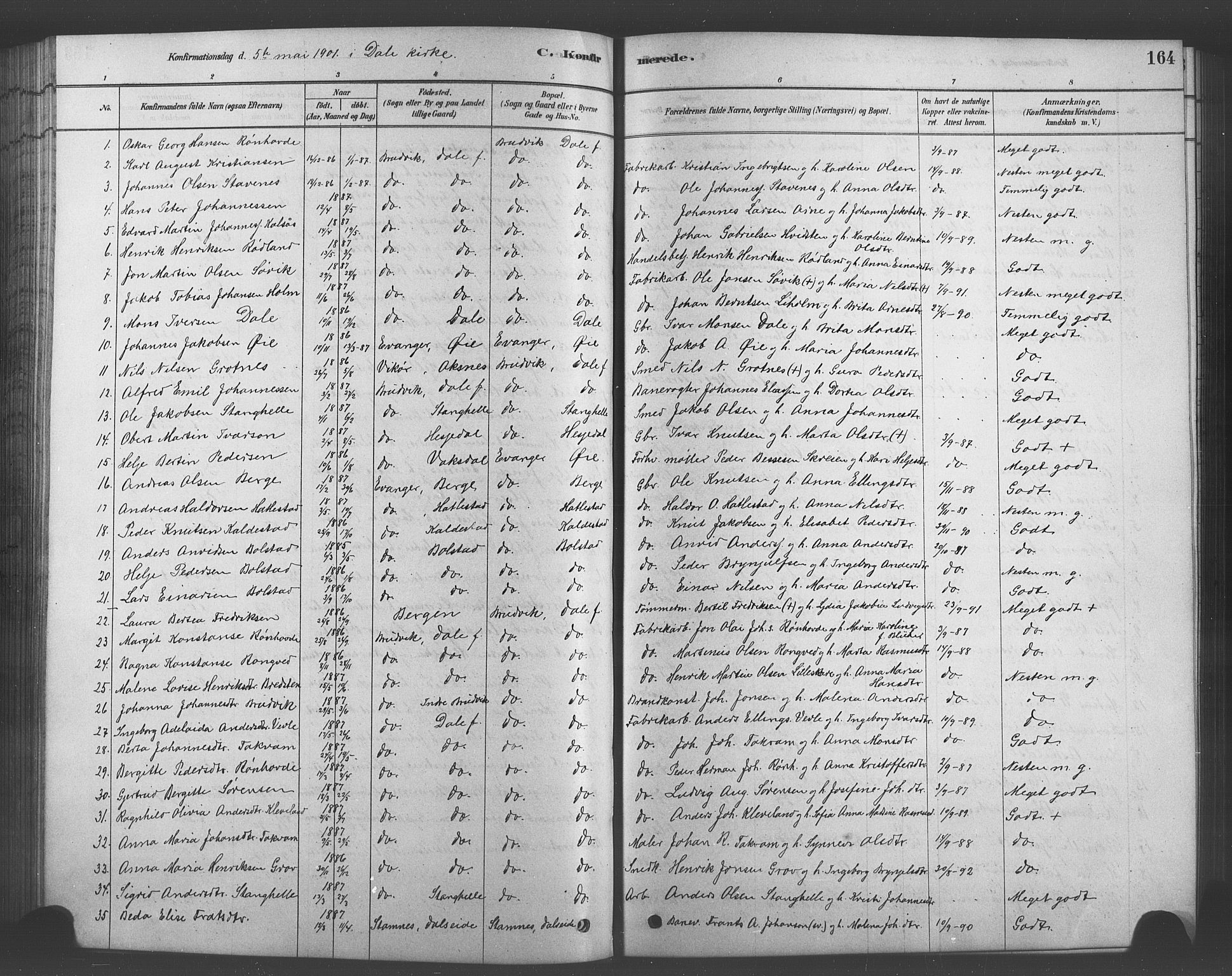 Bruvik Sokneprestembete, SAB/A-74701/H/Hab: Parish register (copy) no. A 1, 1878-1907, p. 164