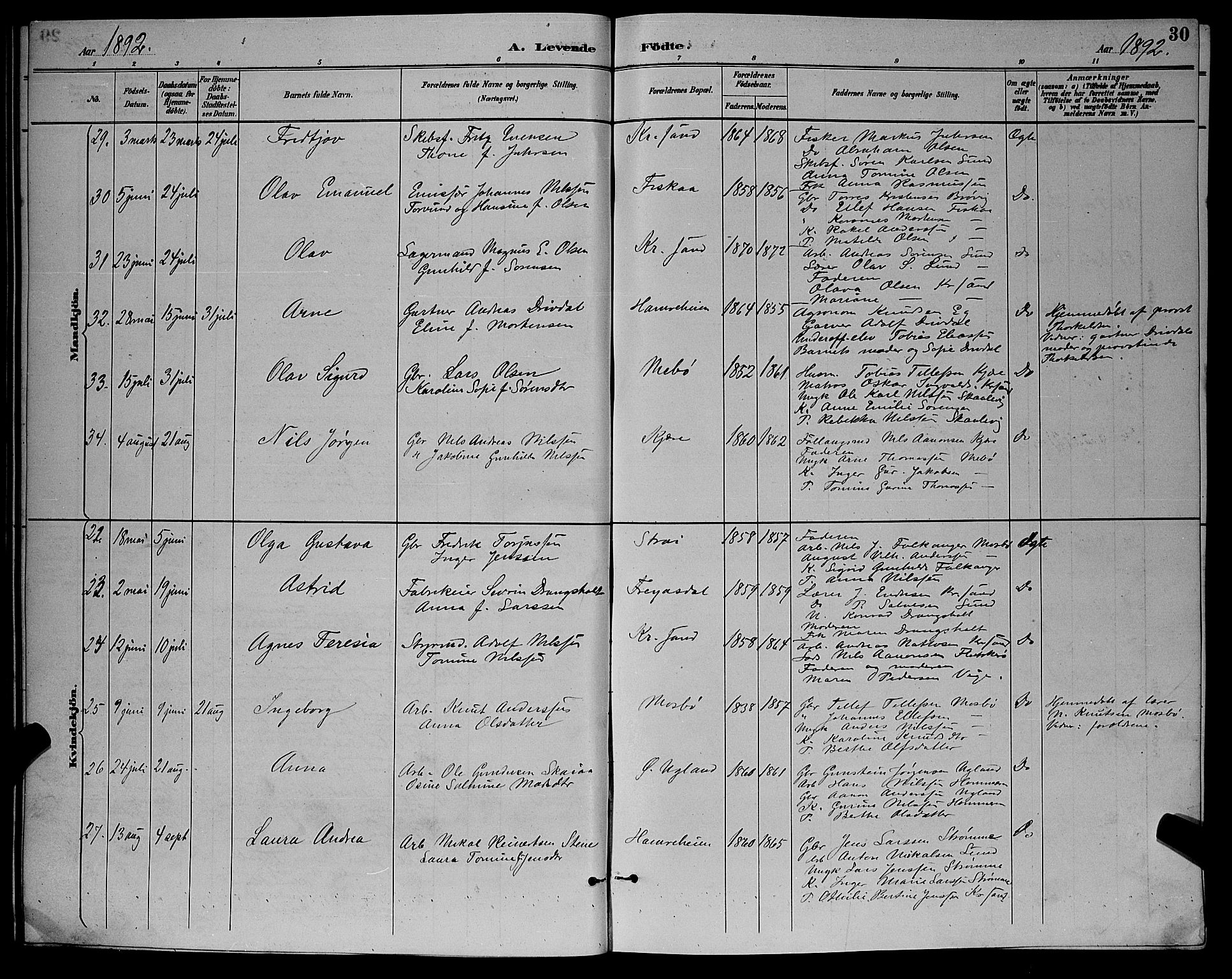 Oddernes sokneprestkontor, AV/SAK-1111-0033/F/Fb/Fba/L0008: Parish register (copy) no. B 8, 1887-1898, p. 30