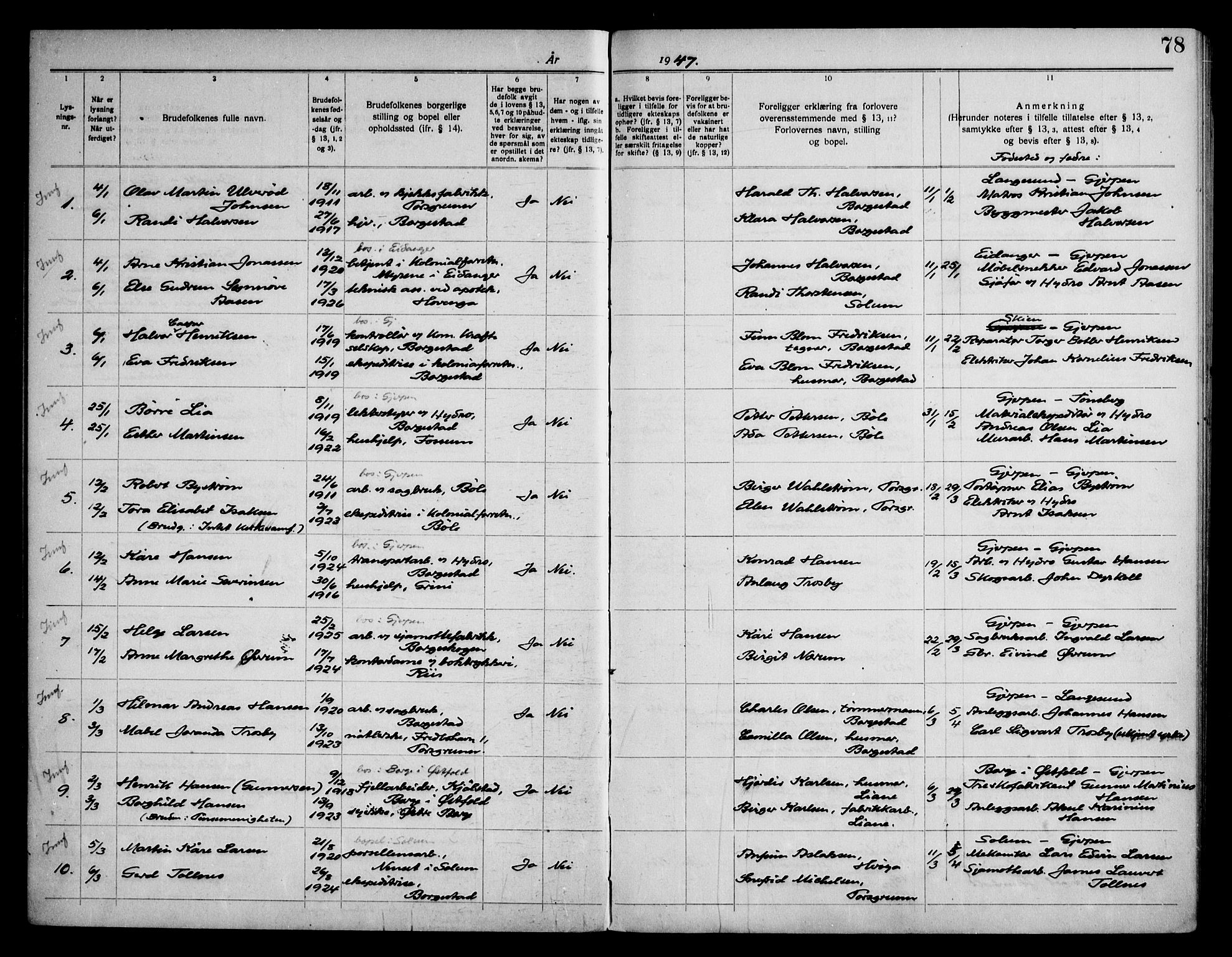 Gjerpen kirkebøker, SAKO/A-265/H/Hb/L0001: Banns register no. II 1, 1920-1950, p. 78