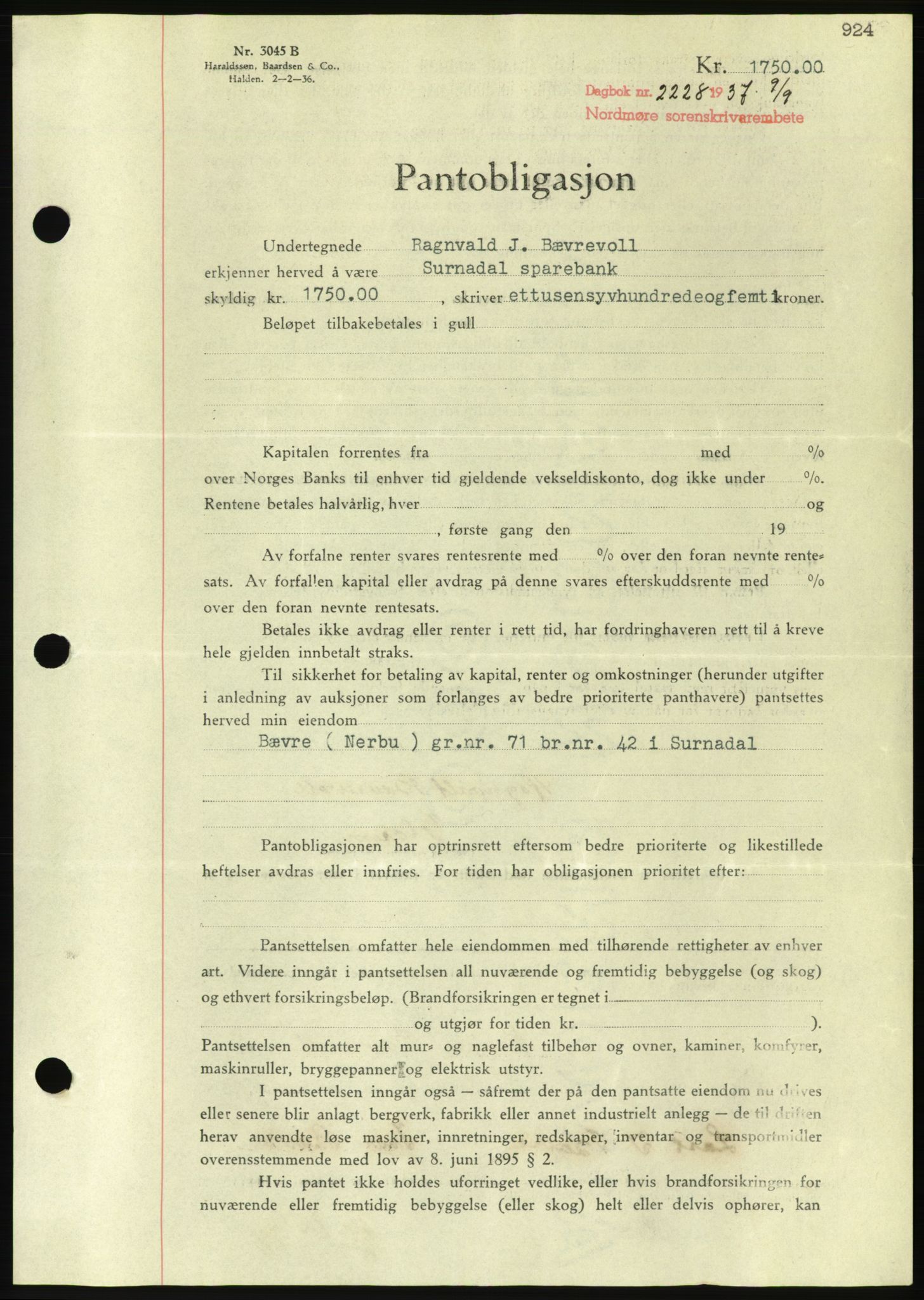 Nordmøre sorenskriveri, AV/SAT-A-4132/1/2/2Ca/L0091: Mortgage book no. B81, 1937-1937, Diary no: : 2228/1937