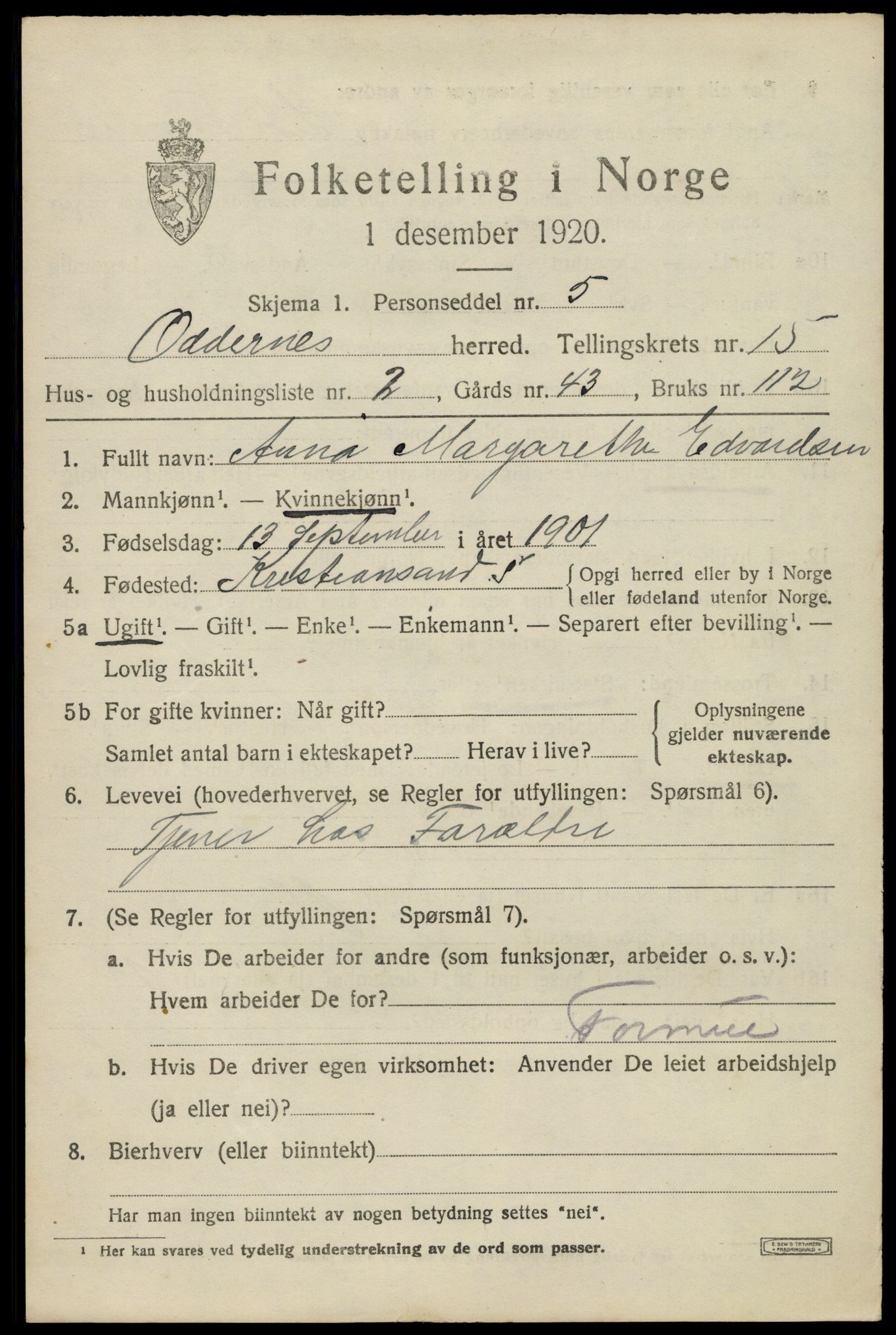 SAK, 1920 census for Oddernes, 1920, p. 9897