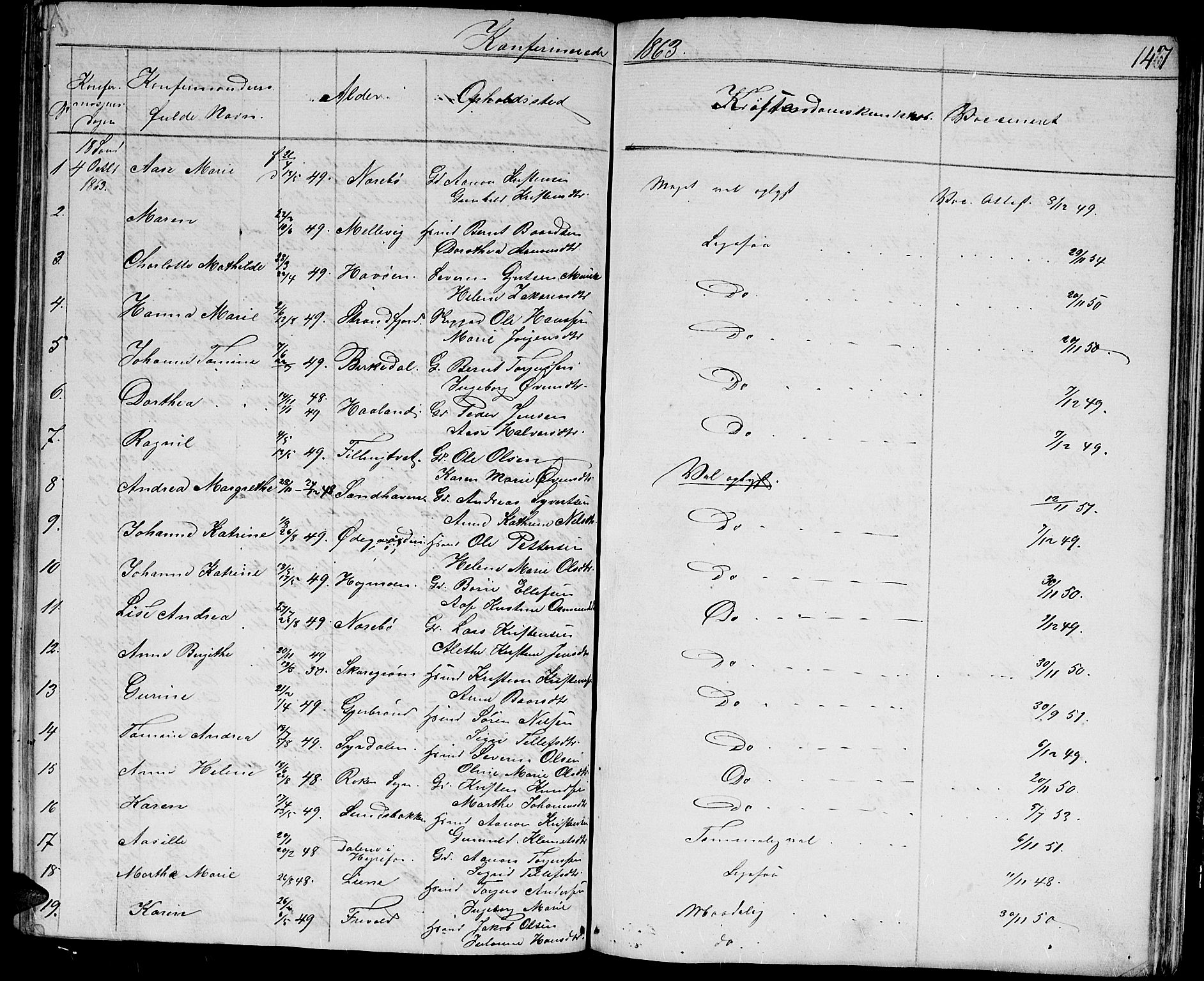 Hommedal sokneprestkontor, AV/SAK-1111-0023/F/Fb/Fbb/L0005: Parish register (copy) no. B 5, 1850-1869, p. 147