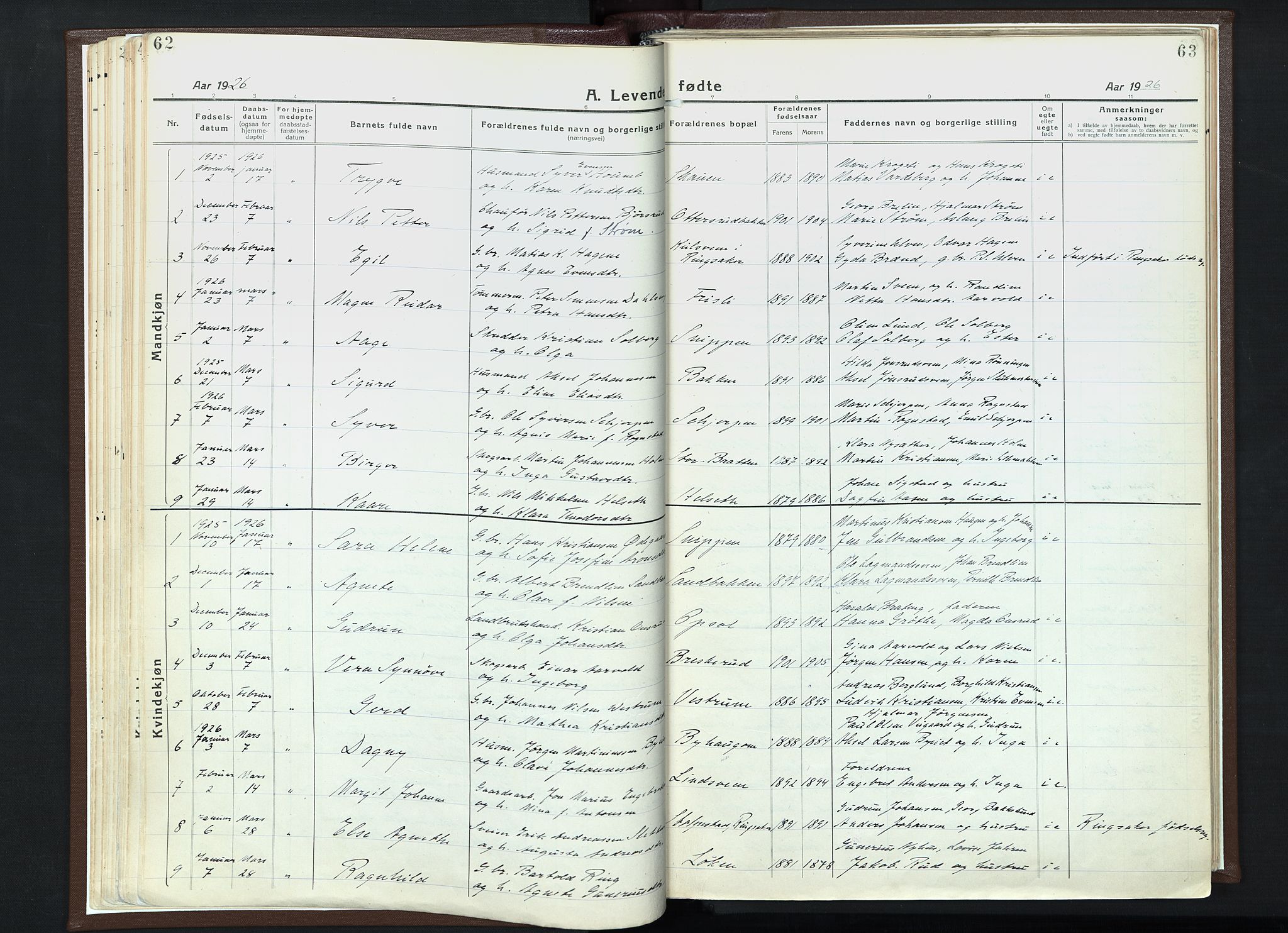 Veldre prestekontor, AV/SAH-PREST-018/K/Ka/L0001: Parish register (official) no. 1, 1921-1934, p. 62-63