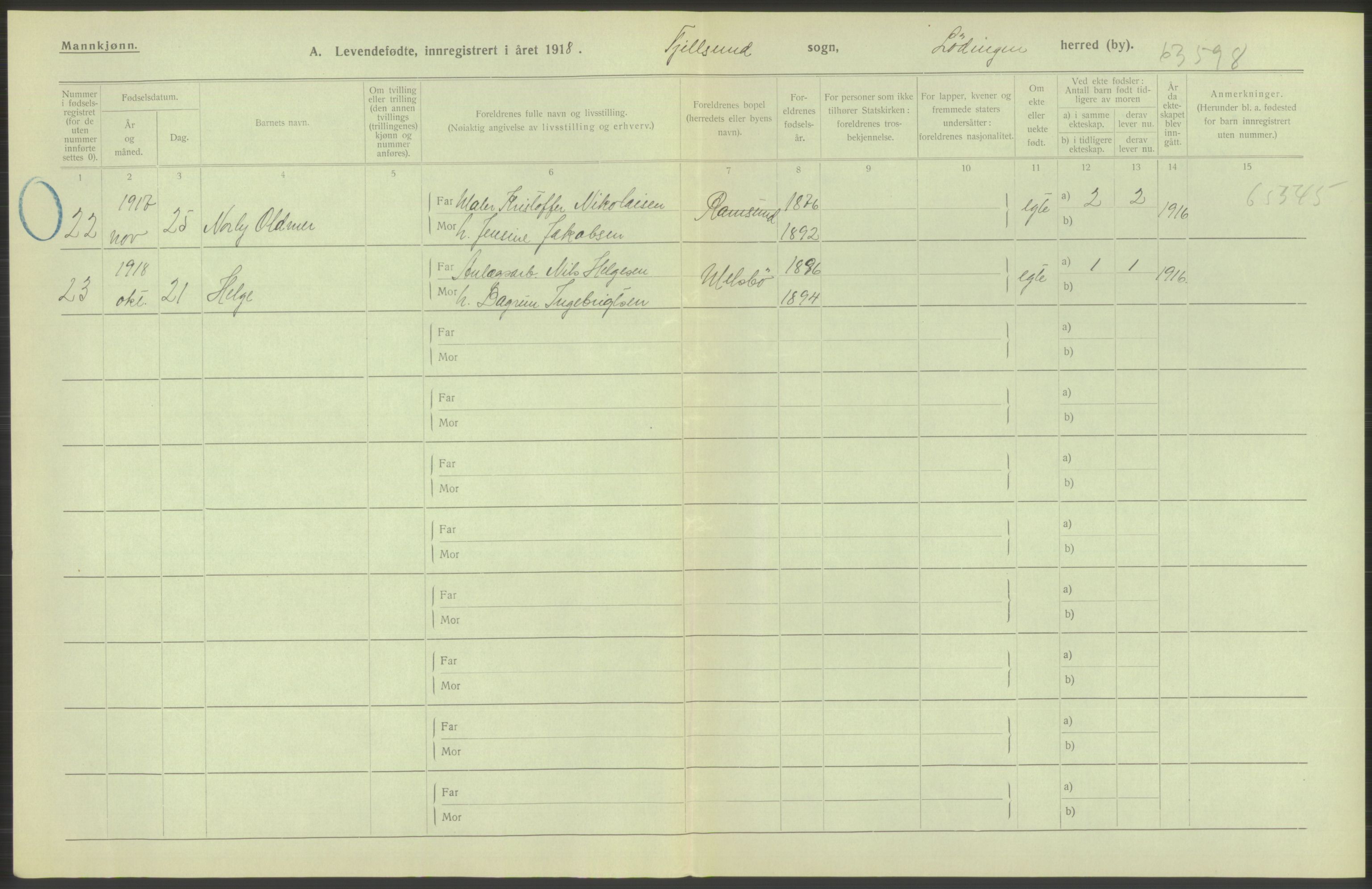 Statistisk sentralbyrå, Sosiodemografiske emner, Befolkning, RA/S-2228/D/Df/Dfb/Dfbh/L0052: Nordland fylke: Levendefødte menn og kvinner. Bygder., 1918, p. 416